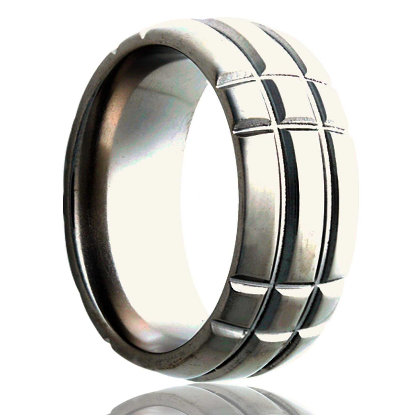 A intersecting grooves domed titanium wedding band displayed on a neutral white background.