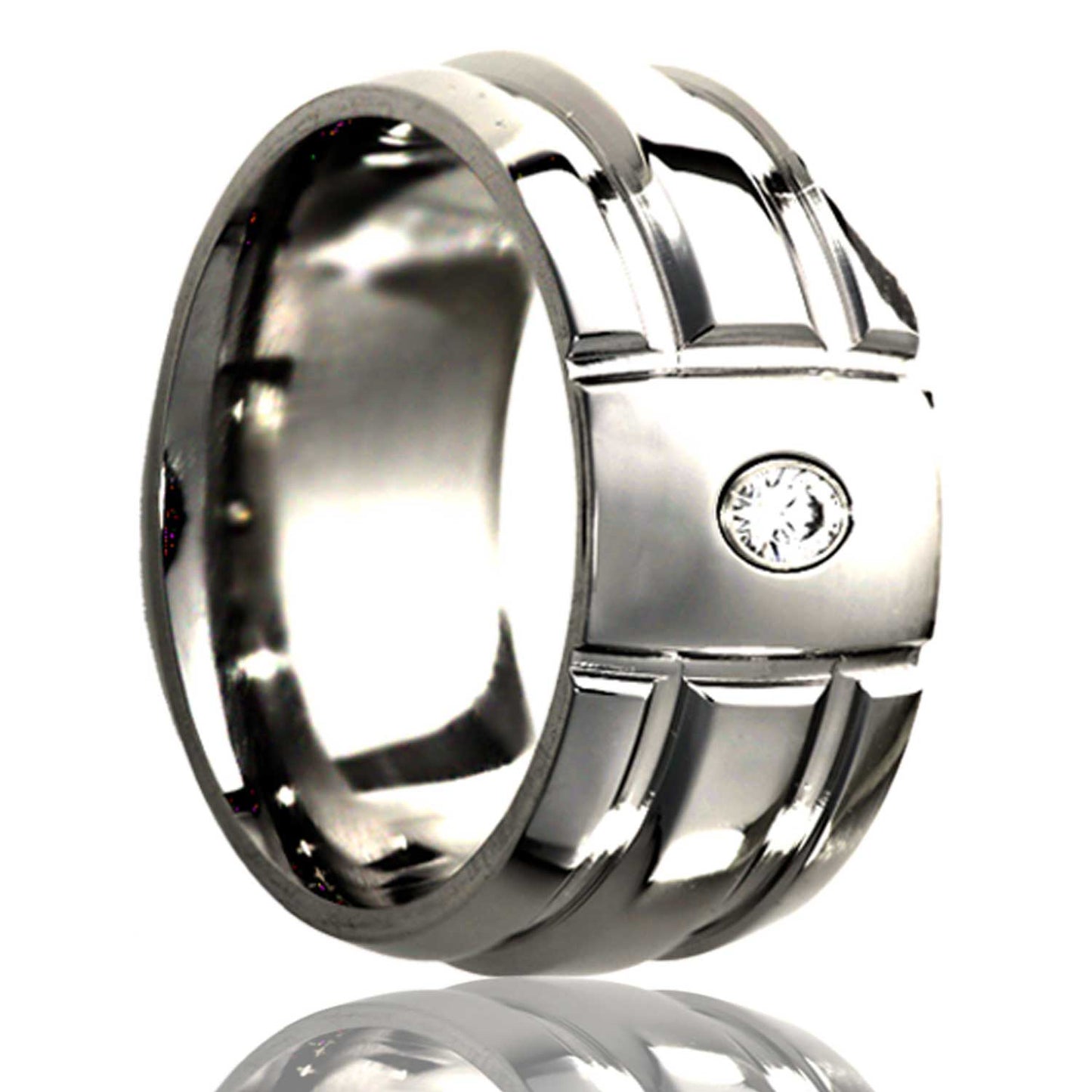 A grooved domed titanium men's wedding band with diamond displayed on a neutral white background.