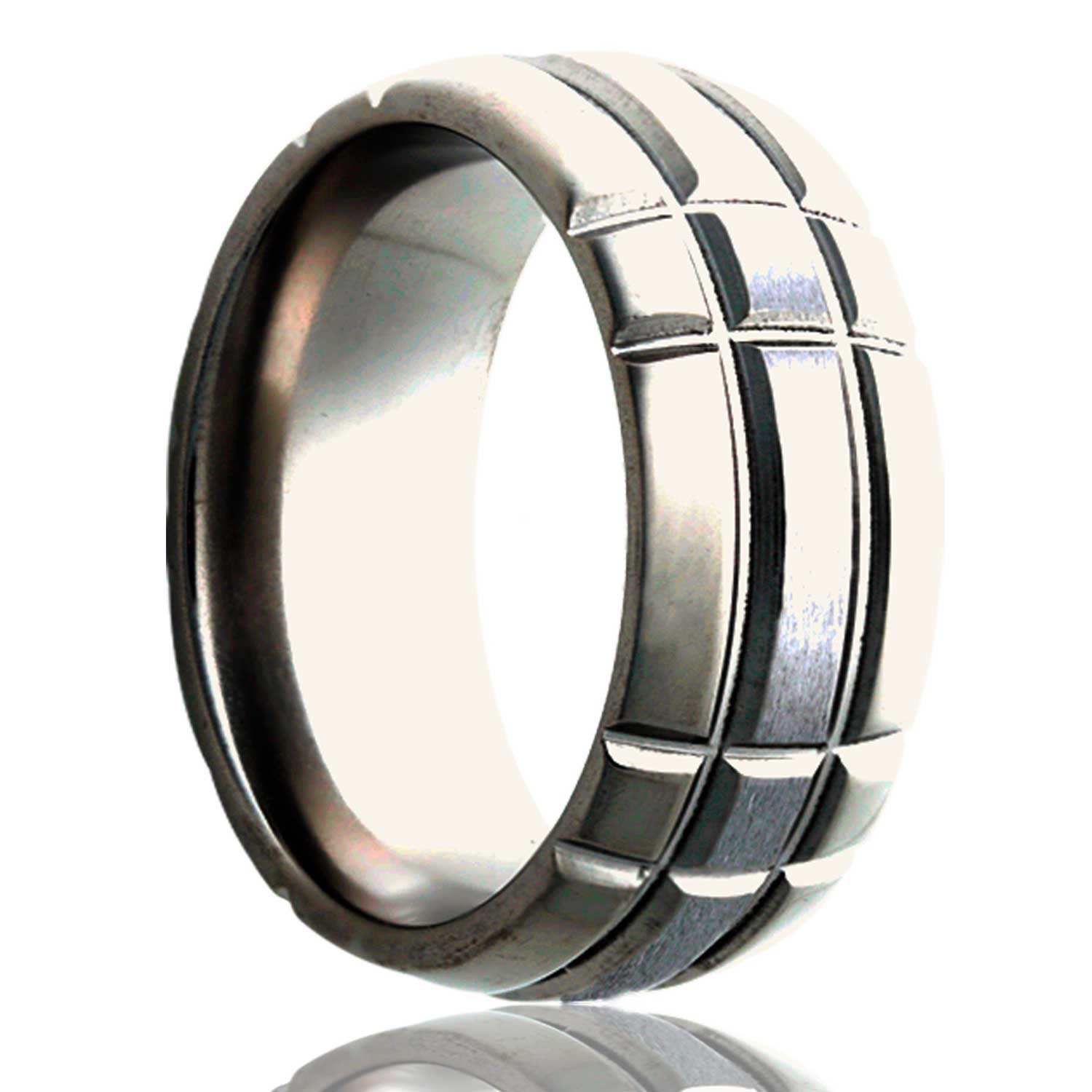 A intersecting grooves domed satin finish titanium wedding band displayed on a neutral white background.