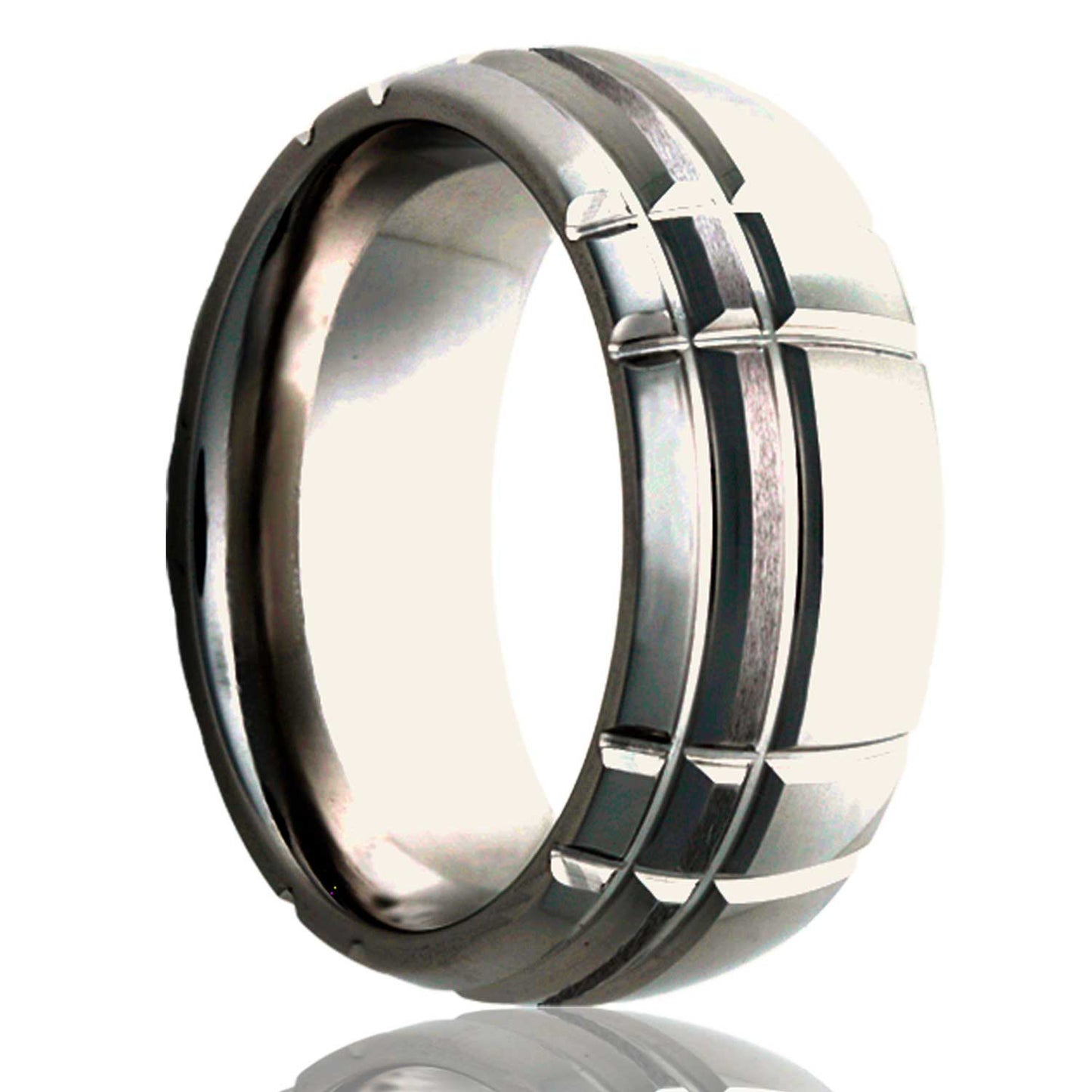 A asymmetrical intersecting grooves domed satin finish titanium wedding band displayed on a neutral white background.