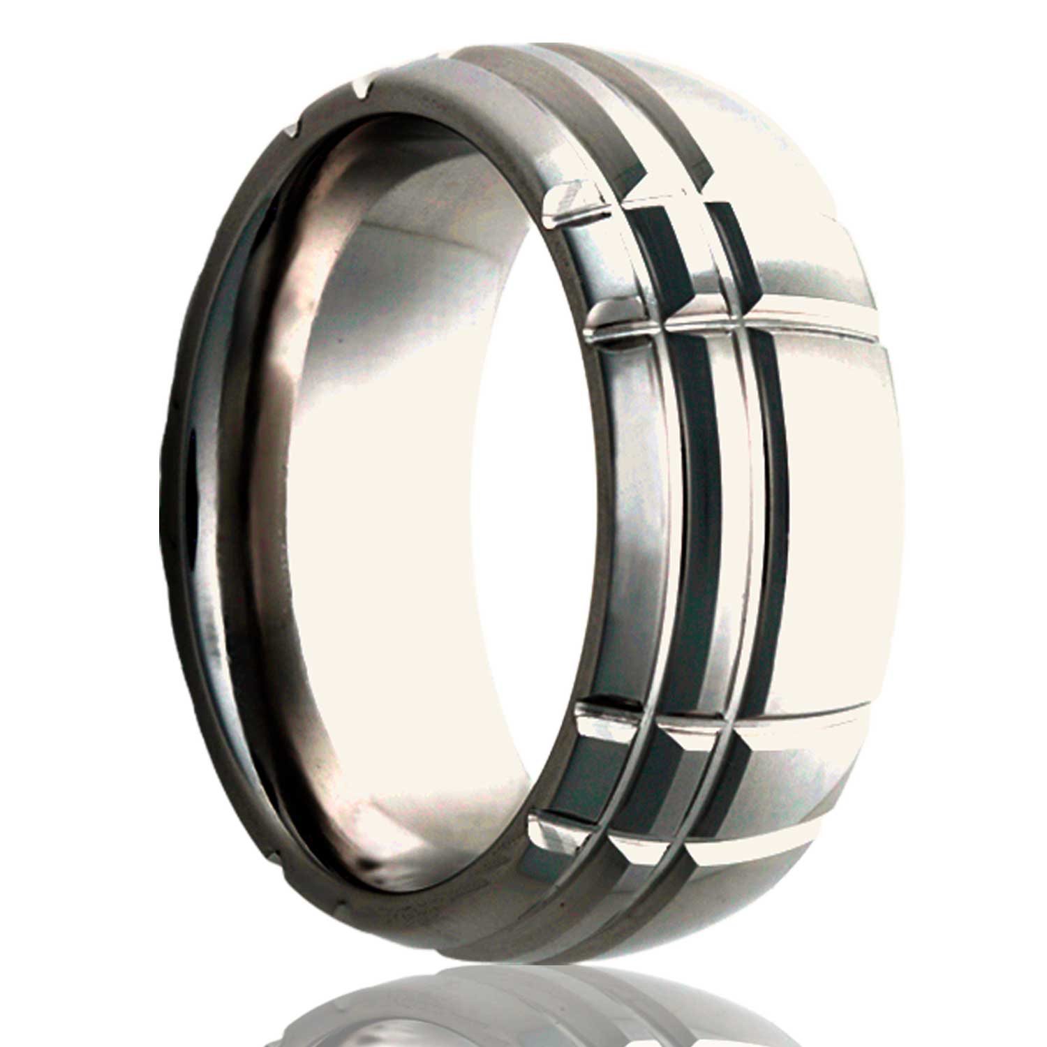A asymmetrical intersecting grooves domed cobalt wedding band displayed on a neutral white background.