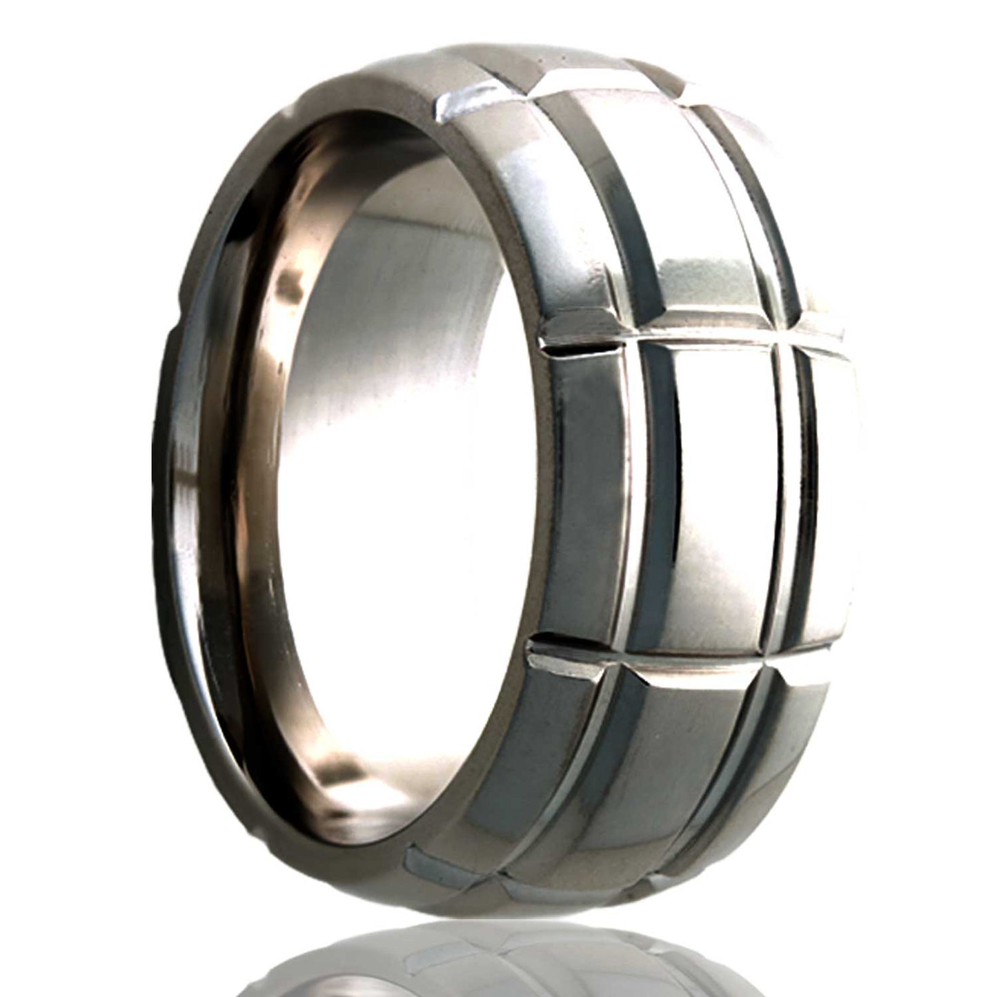 A intersecting groove pattern domed titanium wedding band displayed on a neutral white background.