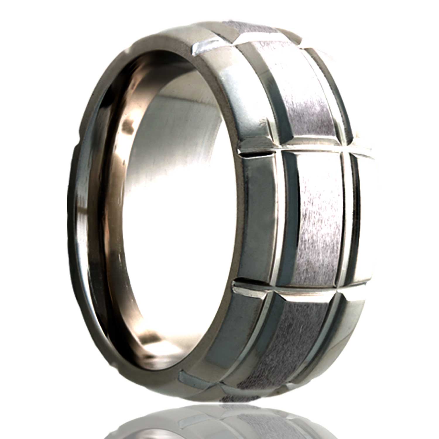 A intersecting groove pattern domed satin finish titanium wedding band displayed on a neutral white background.