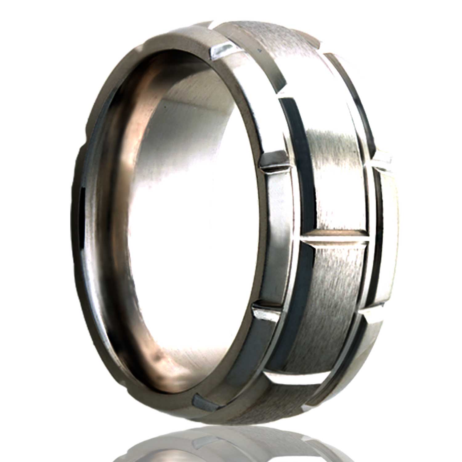 A brick pattern domed satin finish titanium wedding band displayed on a neutral white background.