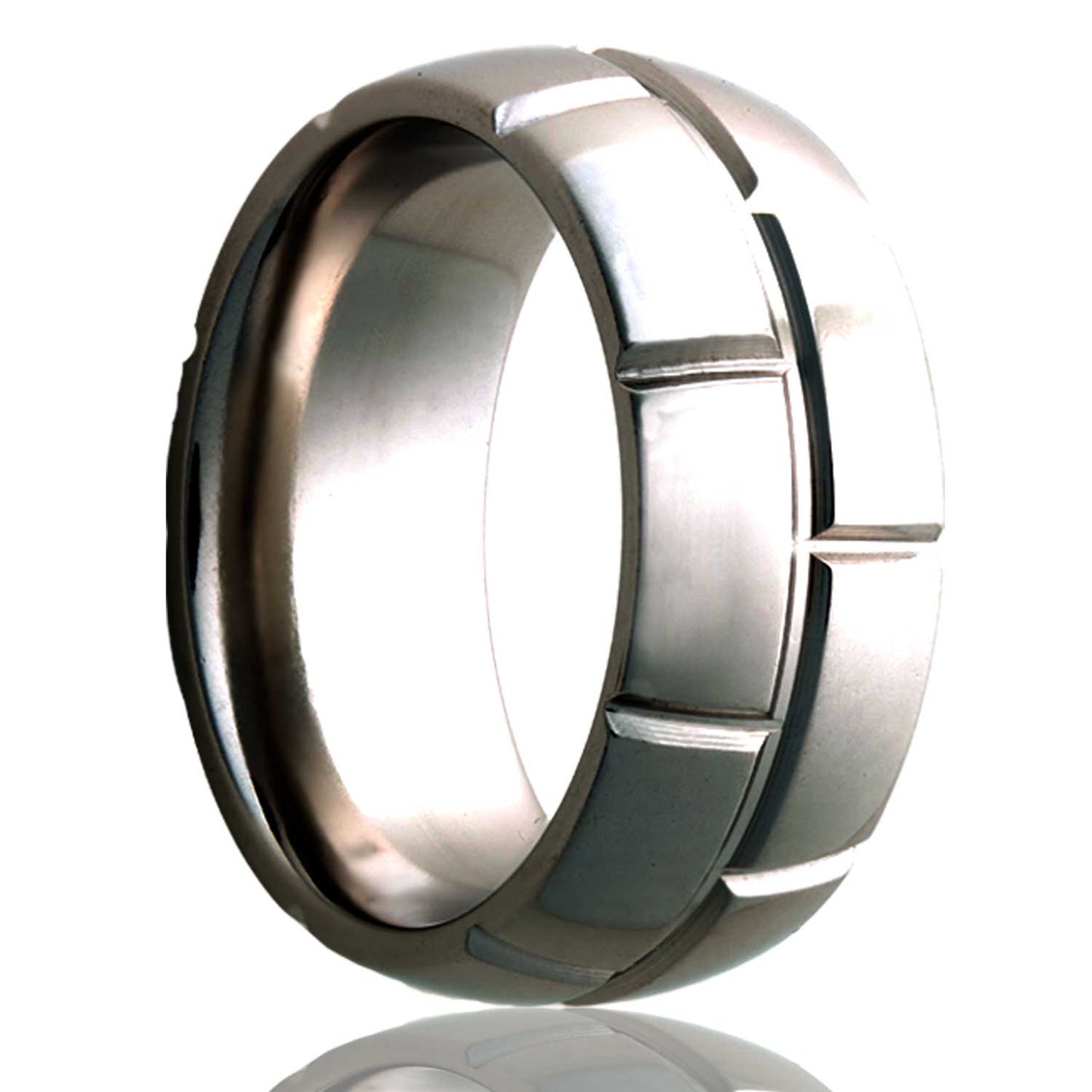 A brick grooved domed titanium wedding band displayed on a neutral white background.