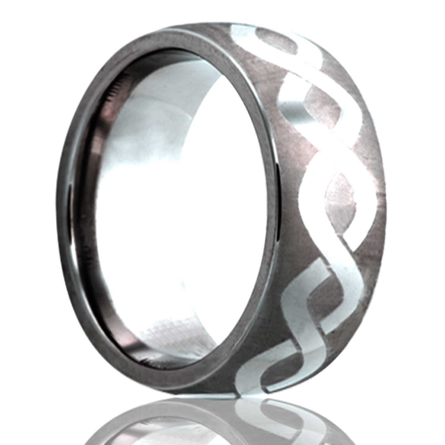 A infinity waves engraved domed titanium wedding band displayed on a neutral white background.