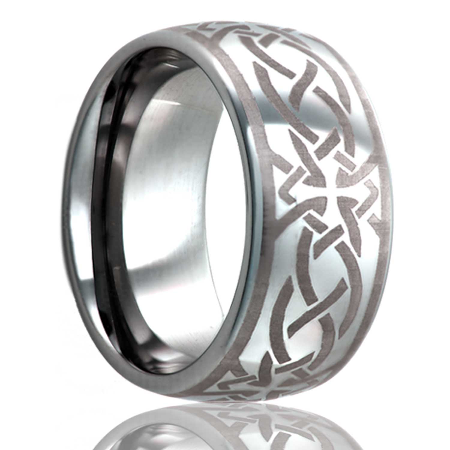 A celtic cross knot domed titanium wedding band displayed on a neutral white background.