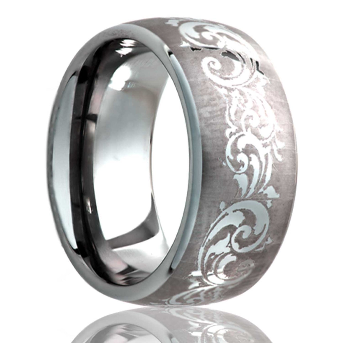 A swirl pattern domed titanium wedding band displayed on a neutral white background.