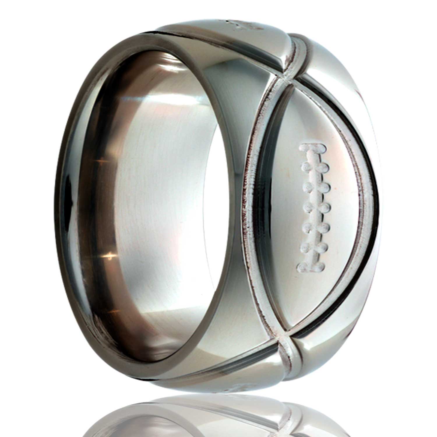 A football pattern domed titanium wedding band displayed on a neutral white background.