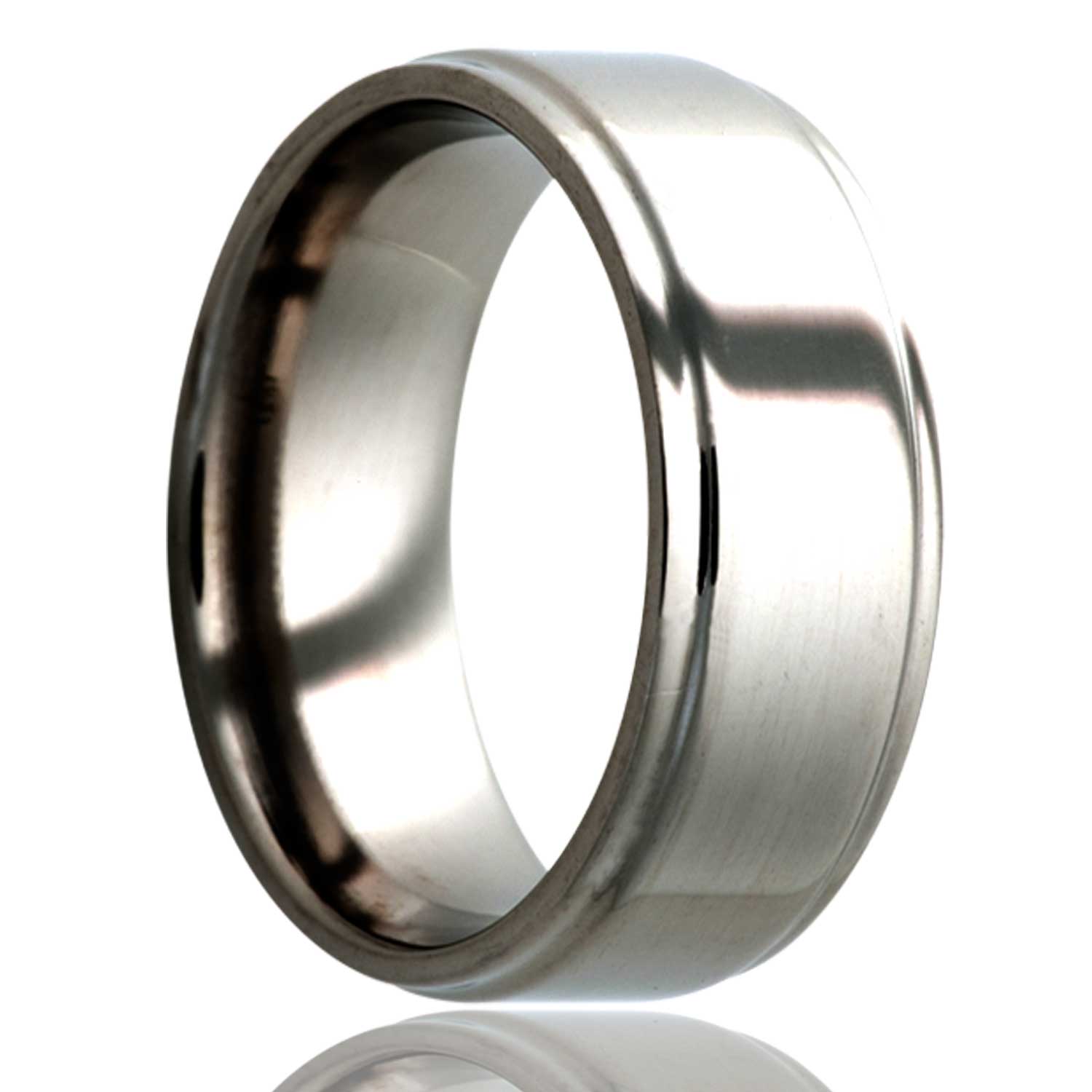 A titanium wedding band with polished stepped edges displayed on a neutral white background.