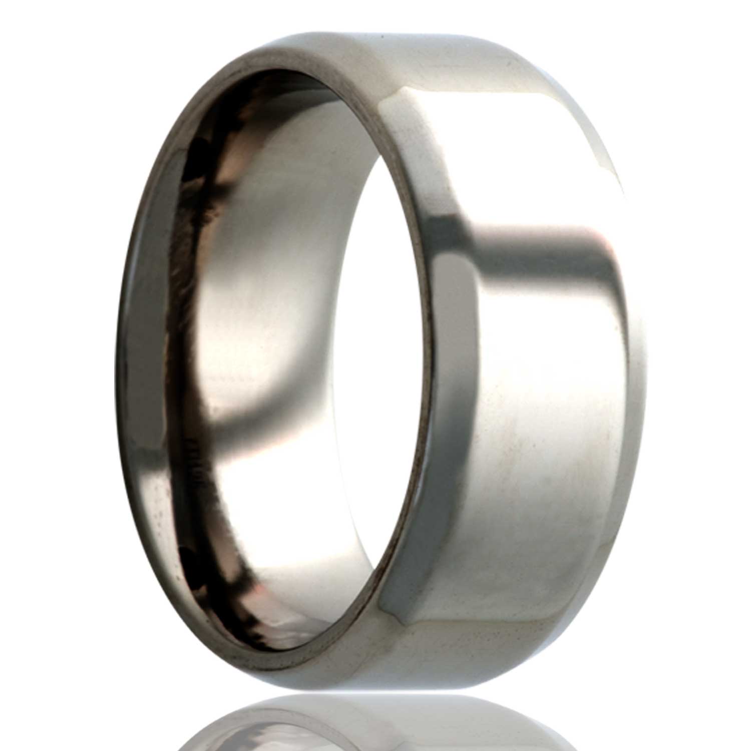 A intersecting grooves titanium wedding band with beveled edges displayed on a neutral white background.