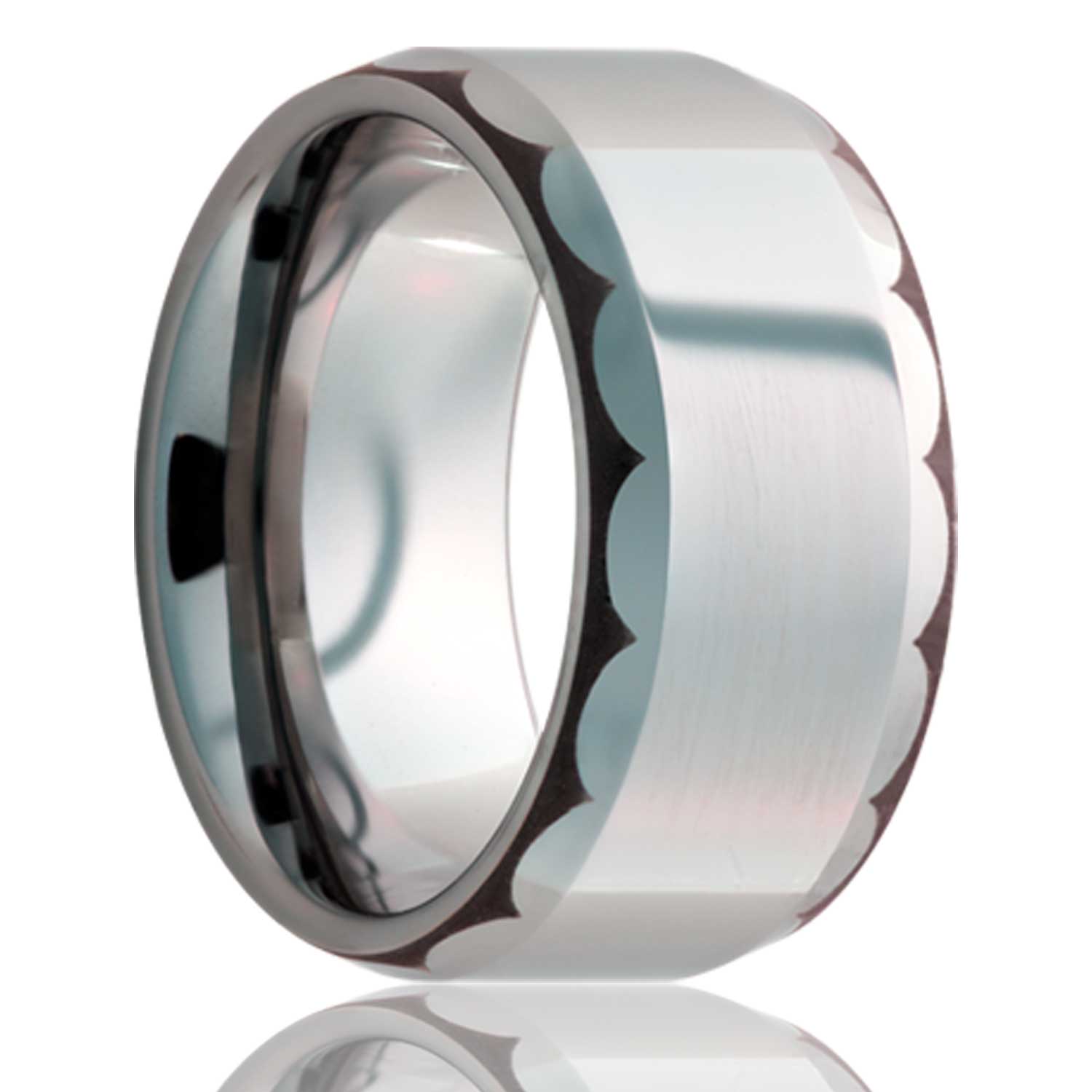 A titanium wedding band with scalloped pattern beveled edges displayed on a neutral white background.