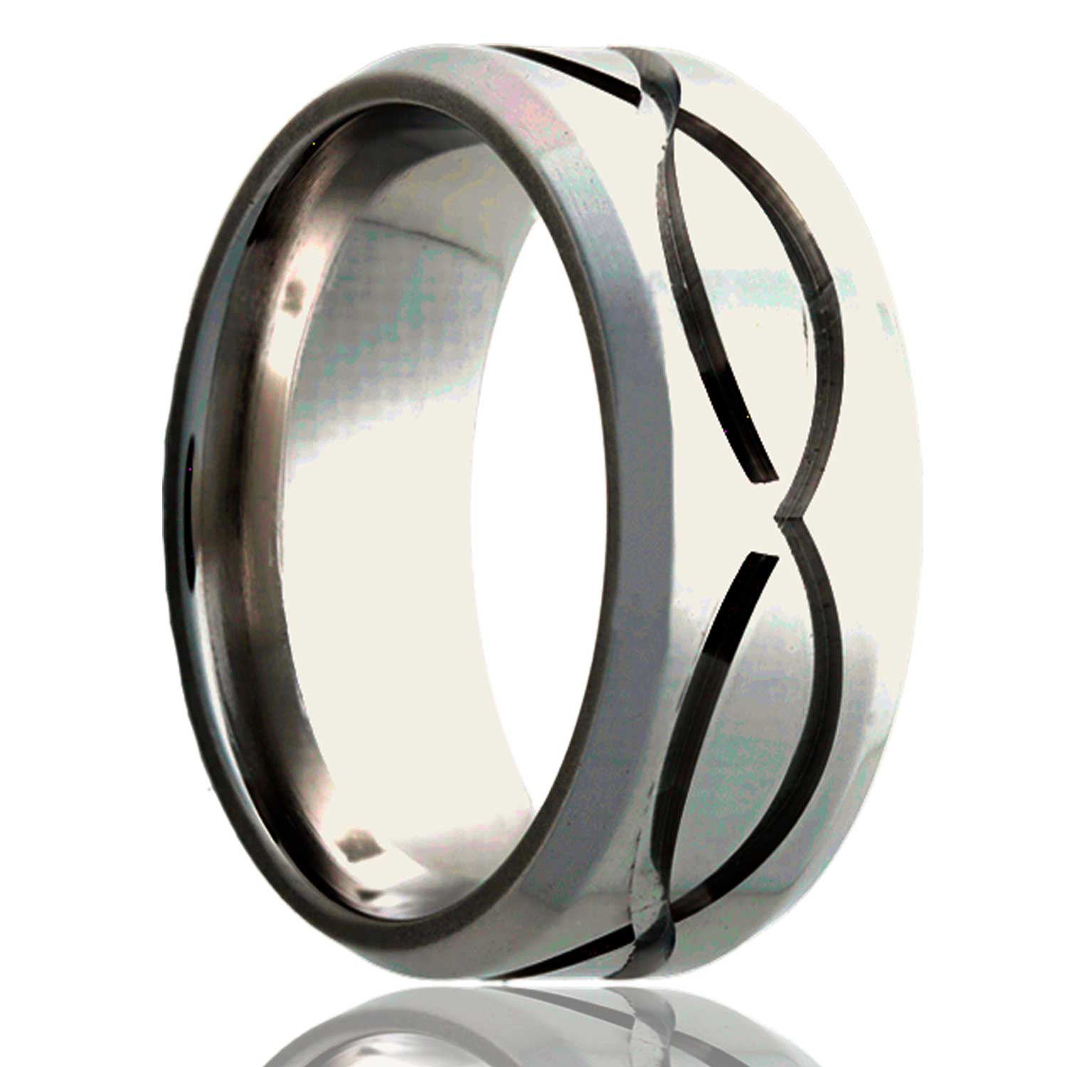 A infinity waves platinum wedding band with beveled edges displayed on a neutral white background.
