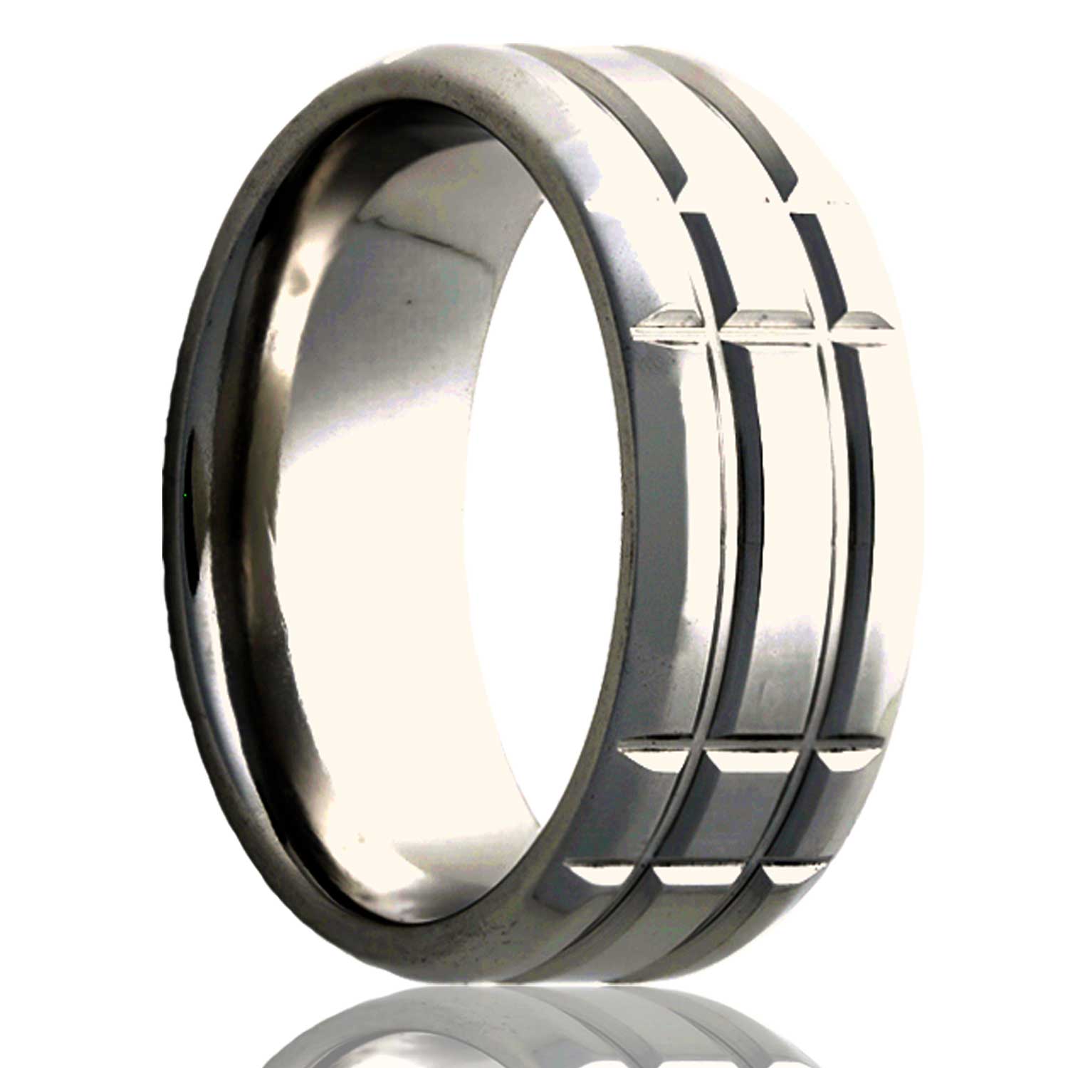A titanium wedding band with beveled edges displayed on a neutral white background.