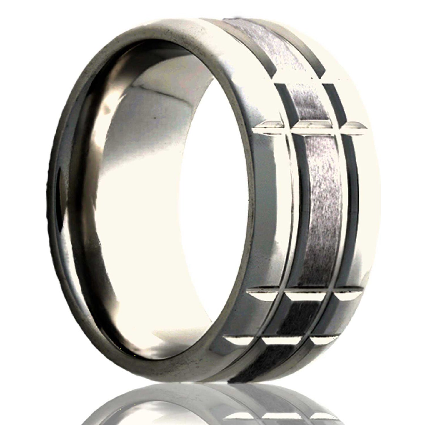 A intersecting grooves satin finish titanium wedding band with beveled edges displayed on a neutral white background.