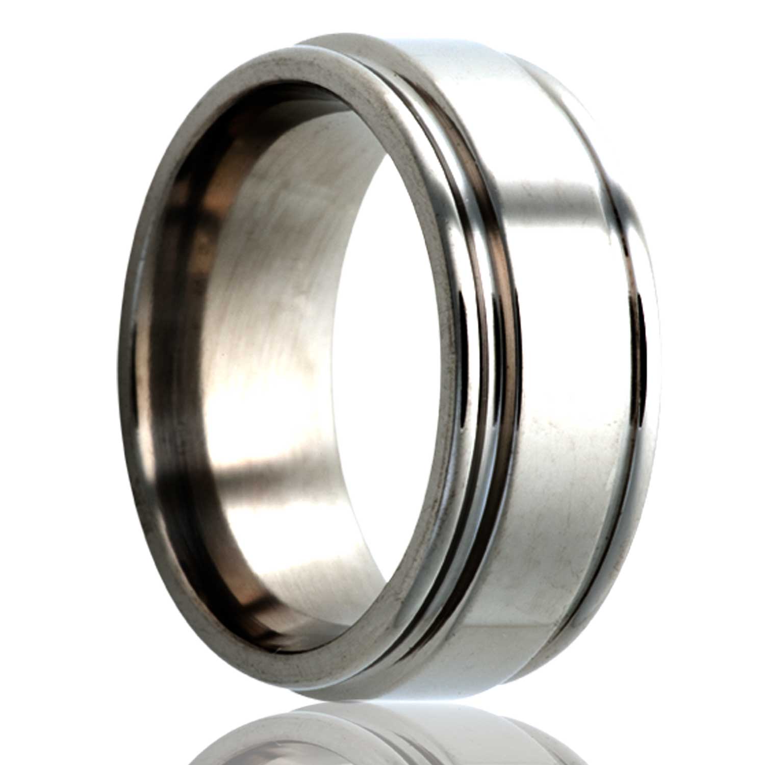 A titanium wedding band with grooved edges displayed on a neutral white background.