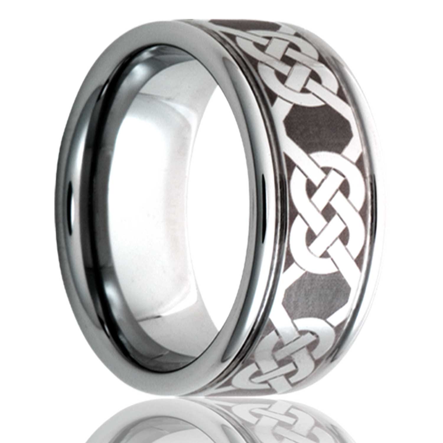 A eternity celtic knot grooved titanium wedding band displayed on a neutral white background.