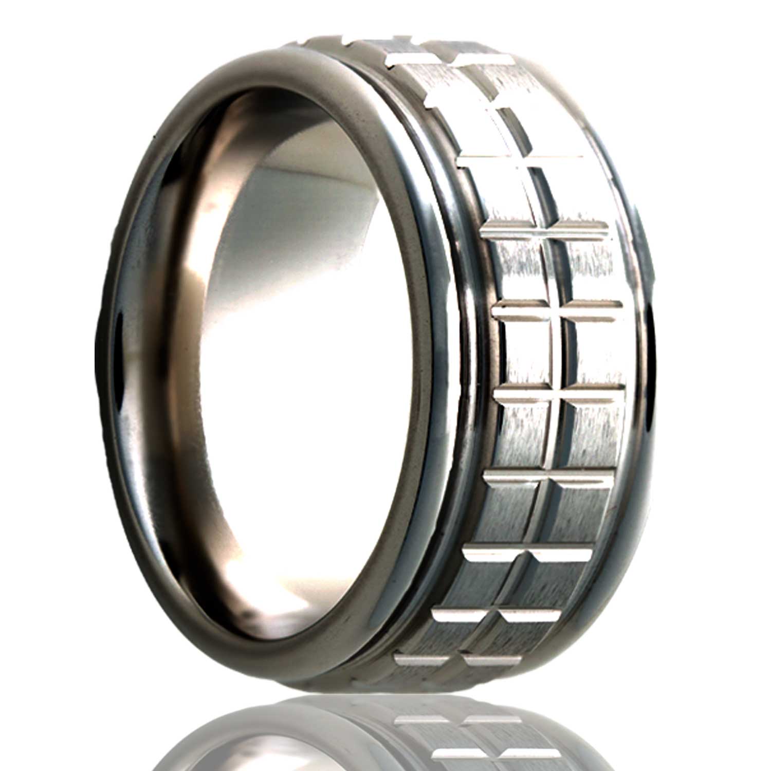 A grooved check pattern satin finish grooved titanium wedding band displayed on a neutral white background.