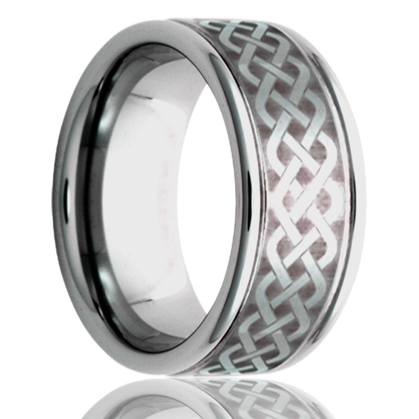 A celtic sailor's knot grooved titanium wedding band displayed on a neutral white background.