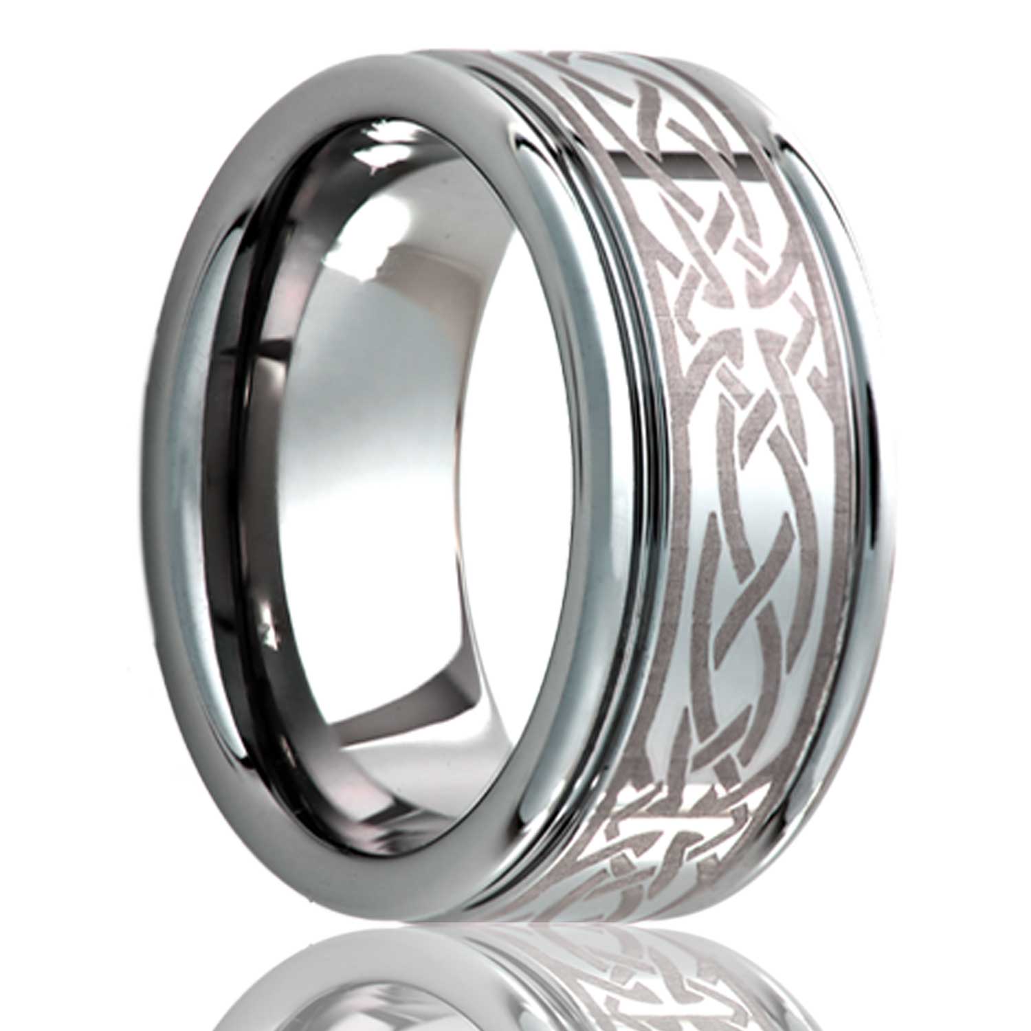 A celtic cross knot grooved titanium wedding band displayed on a neutral white background.