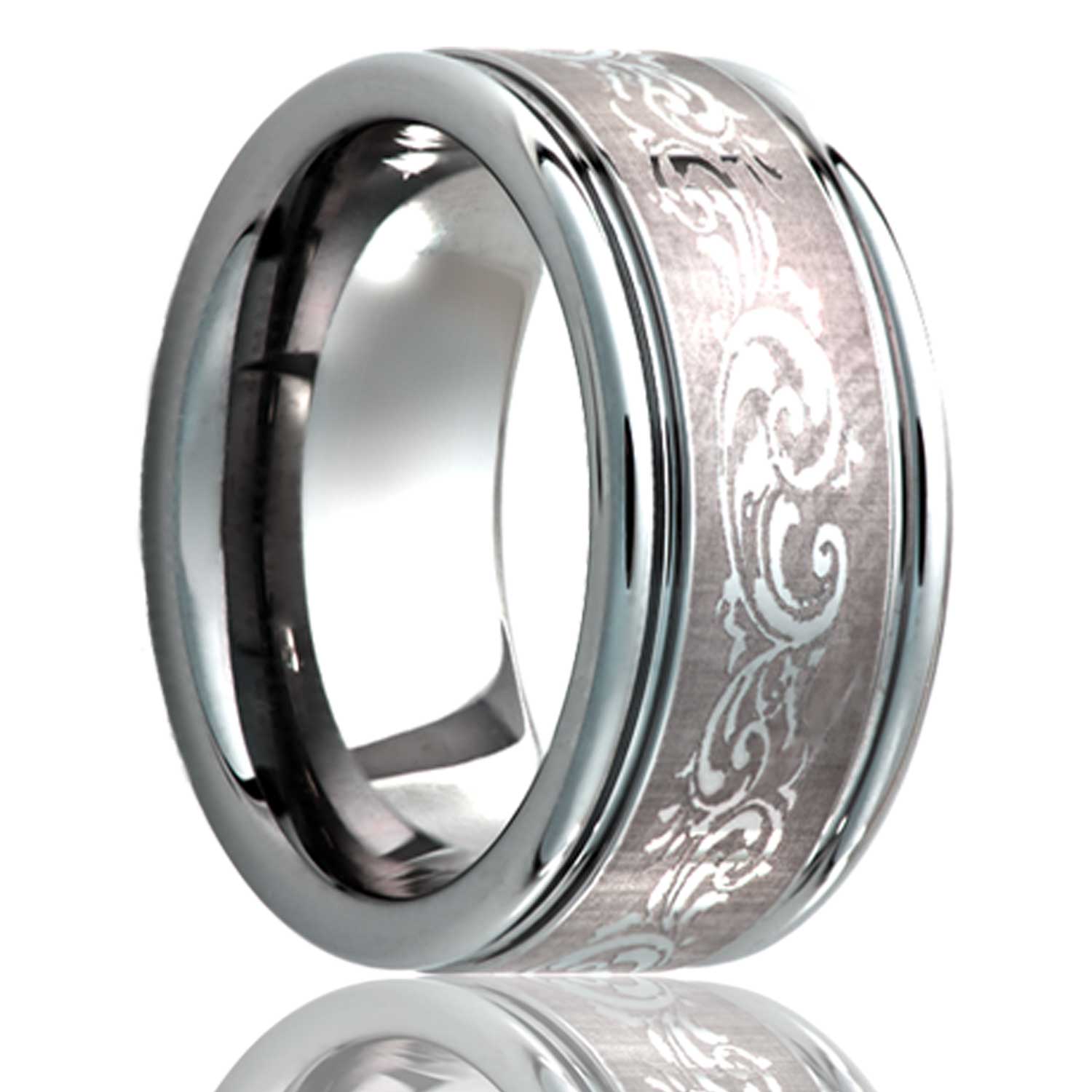 A swirl pattern grooved titanium wedding band displayed on a neutral white background.