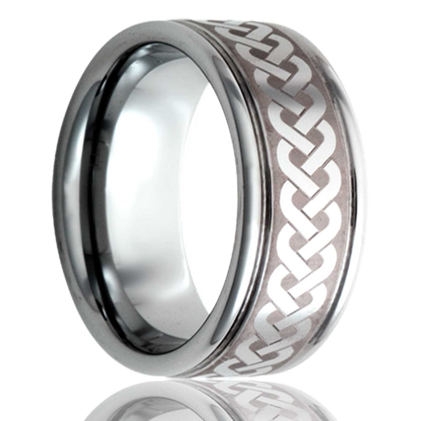 A sailor's celtic knot grooved titanium wedding band displayed on a neutral white background.