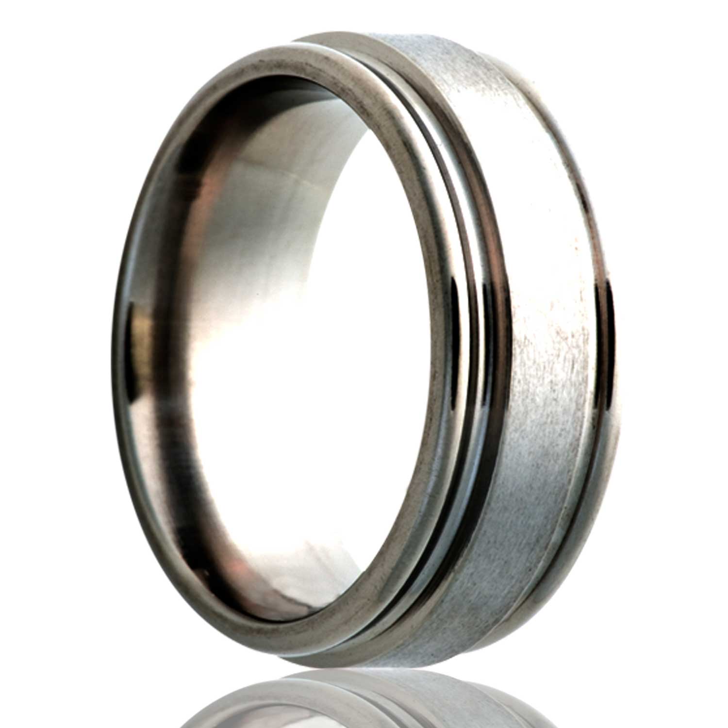 A satin finish titanium wedding band with grooved edges displayed on a neutral white background.