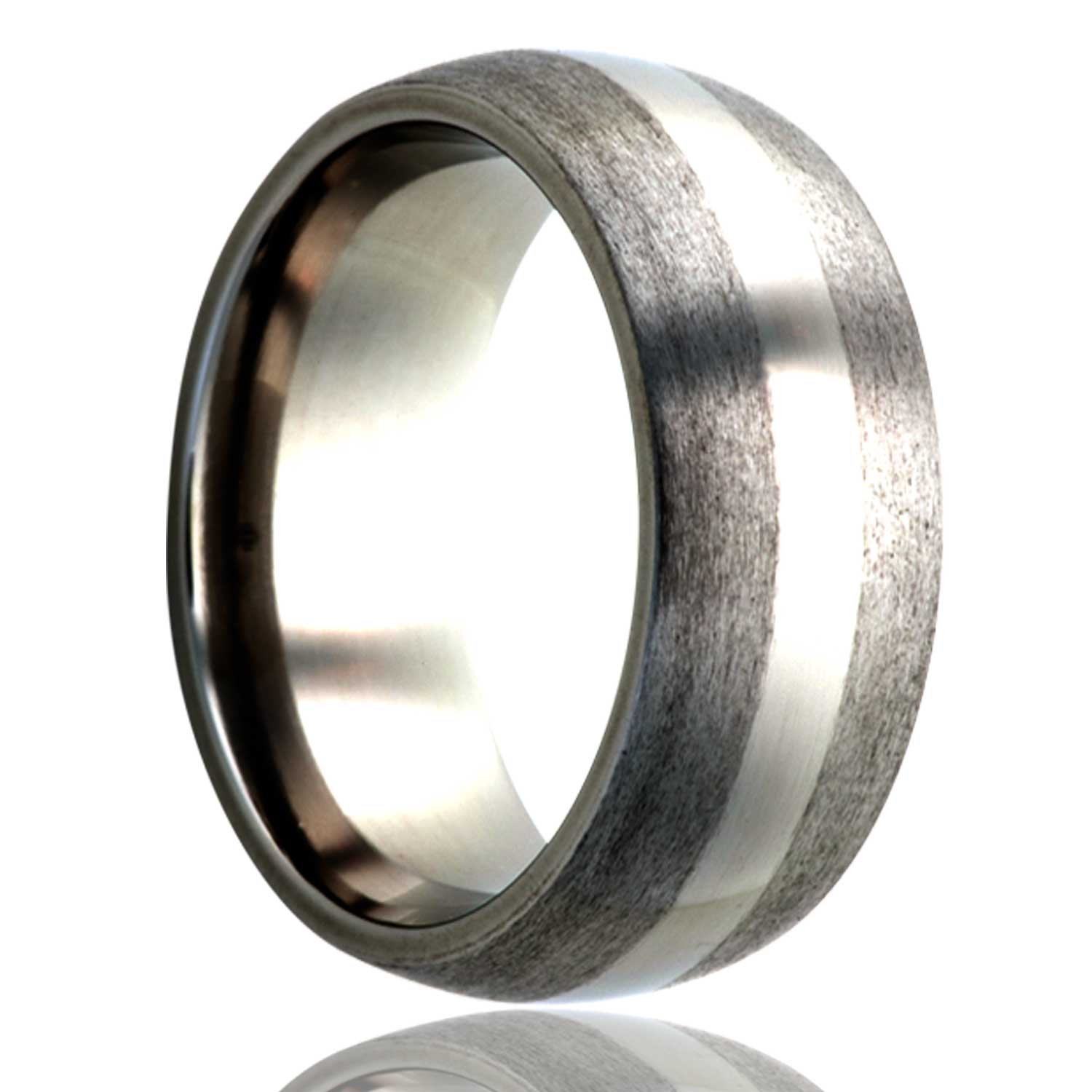 A domed satin finish titanium wedding band with polished stripe displayed on a neutral white background.
