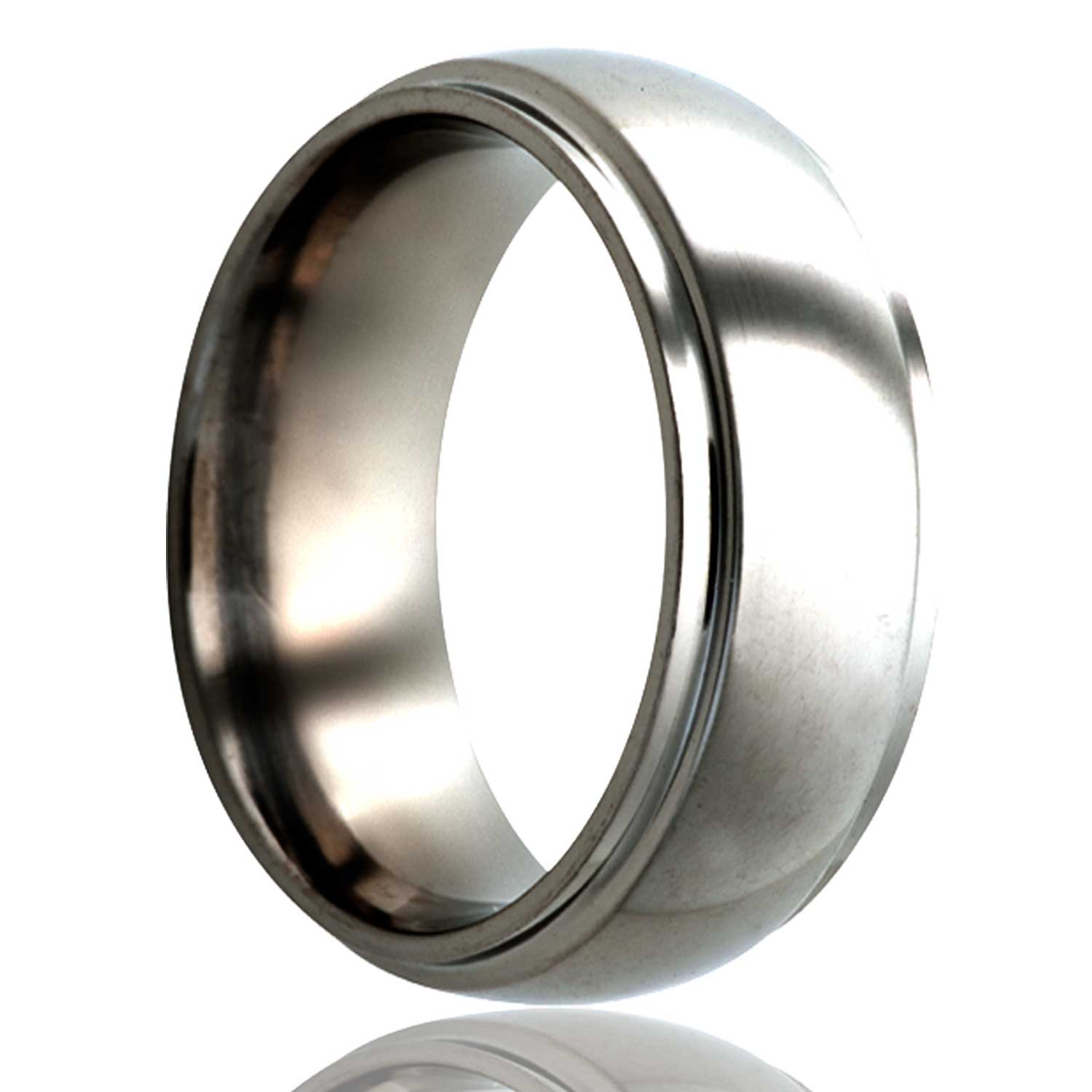 A domed titanium wedding band with stepped edges displayed on a neutral white background.