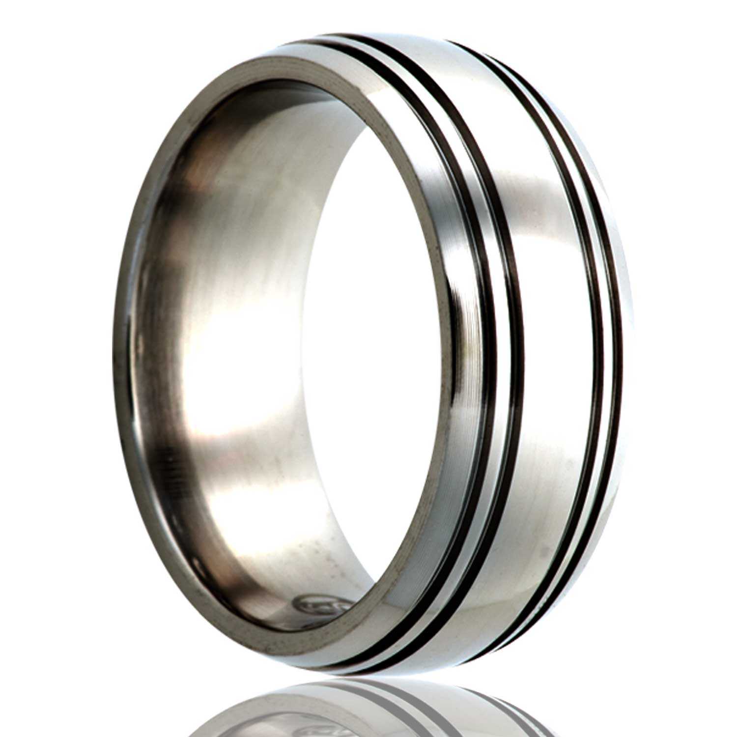 A domed titanium wedding band with quadruple grooves displayed on a neutral white background.