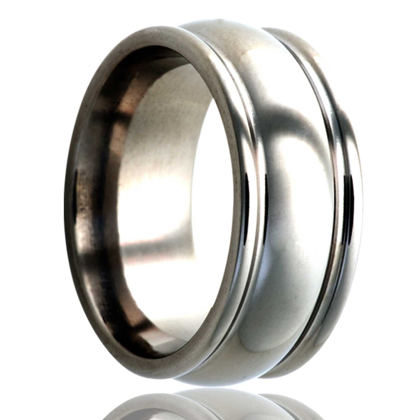 A titanium wedding band with raised center displayed on a neutral white background.