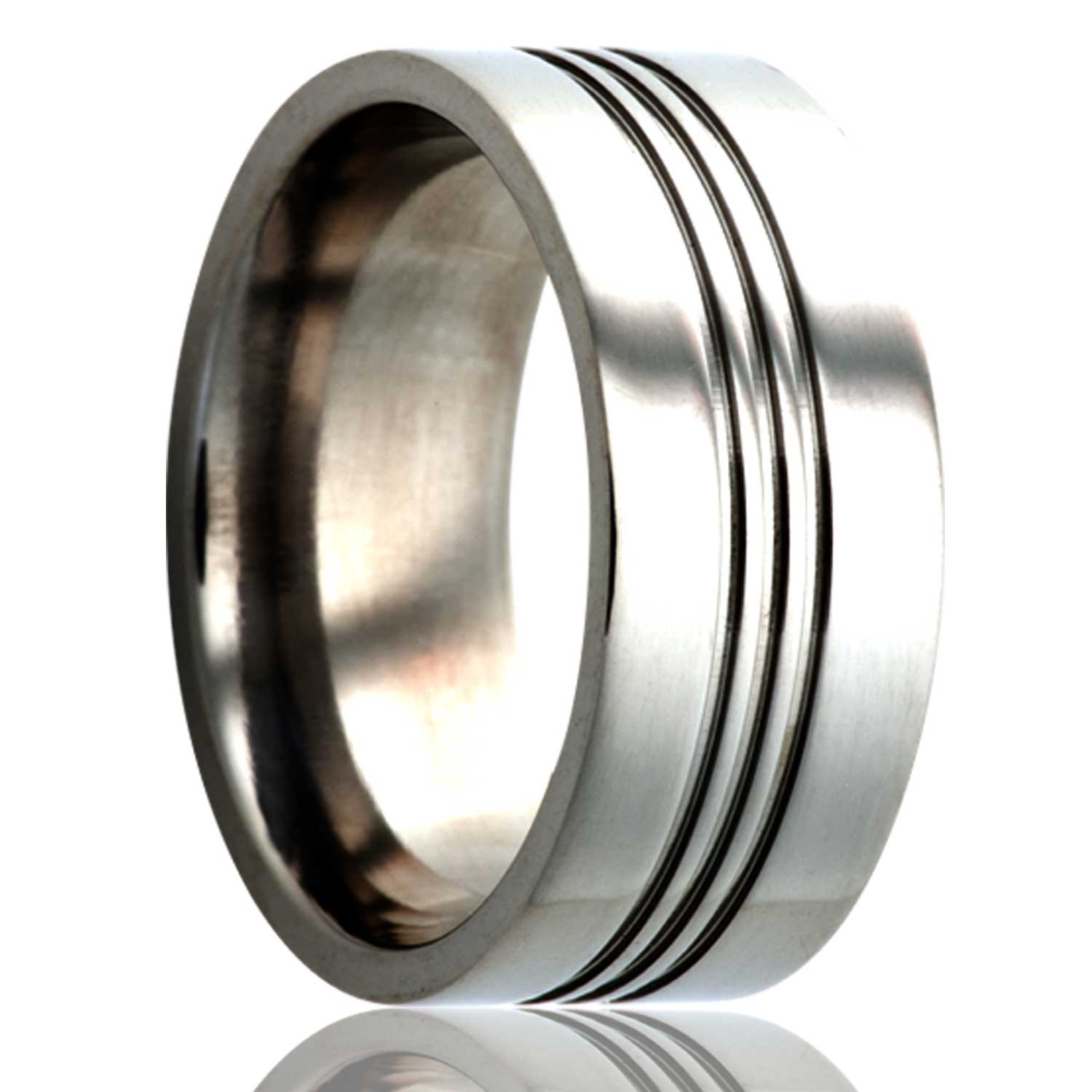 A triple center grooved titanium wedding band displayed on a neutral white background.