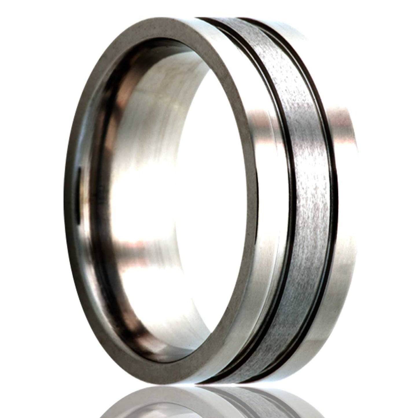 A satin finish grooved titanium wedding band displayed on a neutral white background.