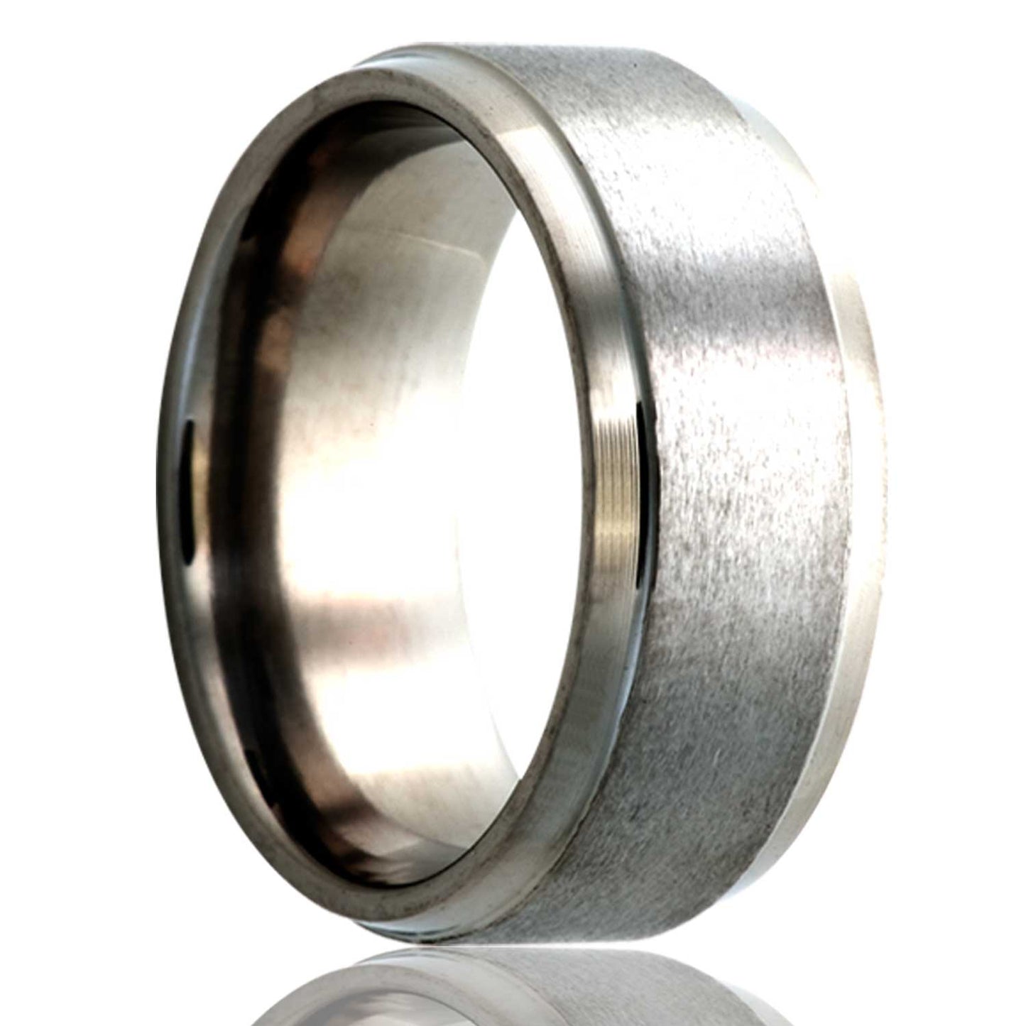 A satin finish titanium wedding band with polished stepped edges displayed on a neutral white background.