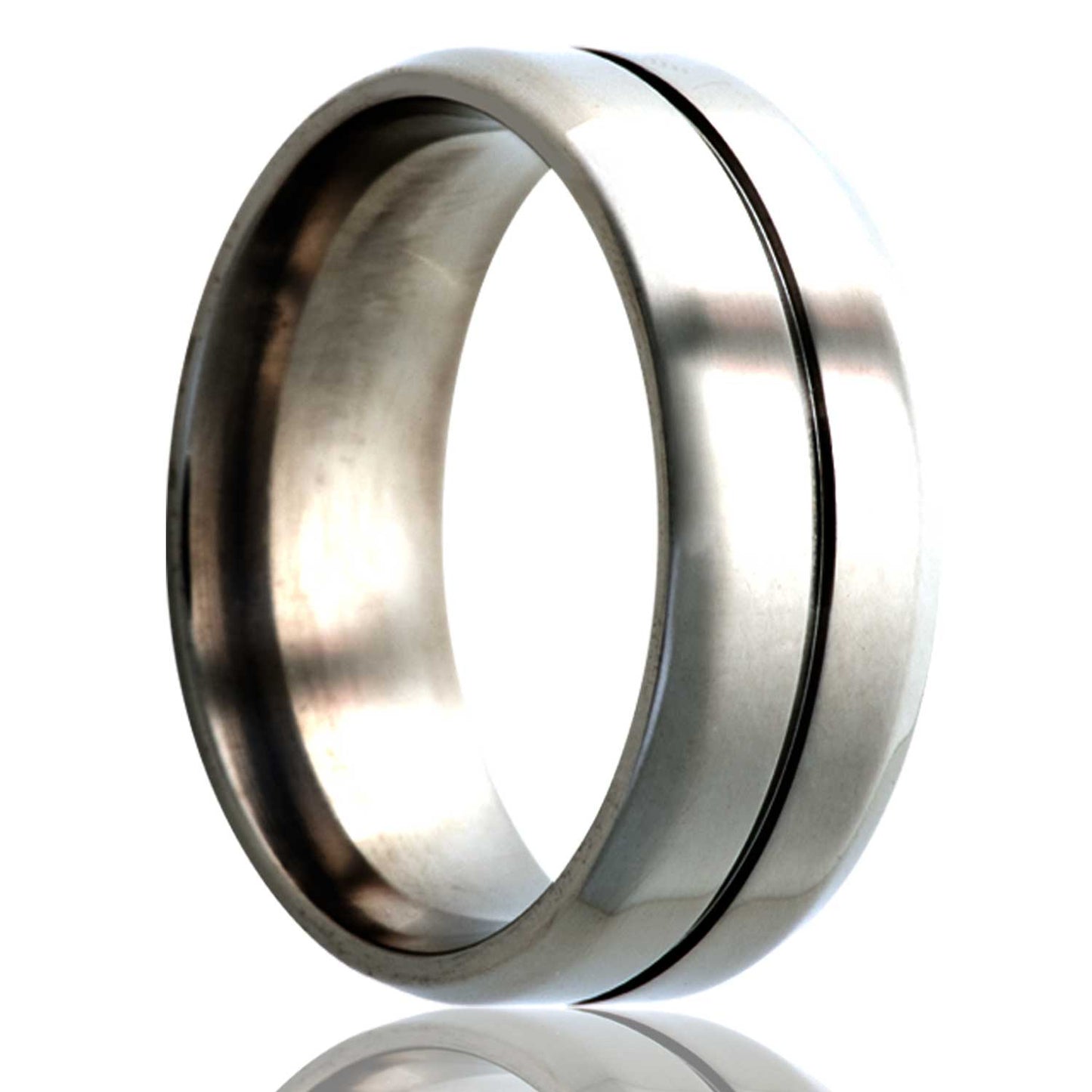 A center grooved titanium wedding band with beveled edges displayed on a neutral white background.