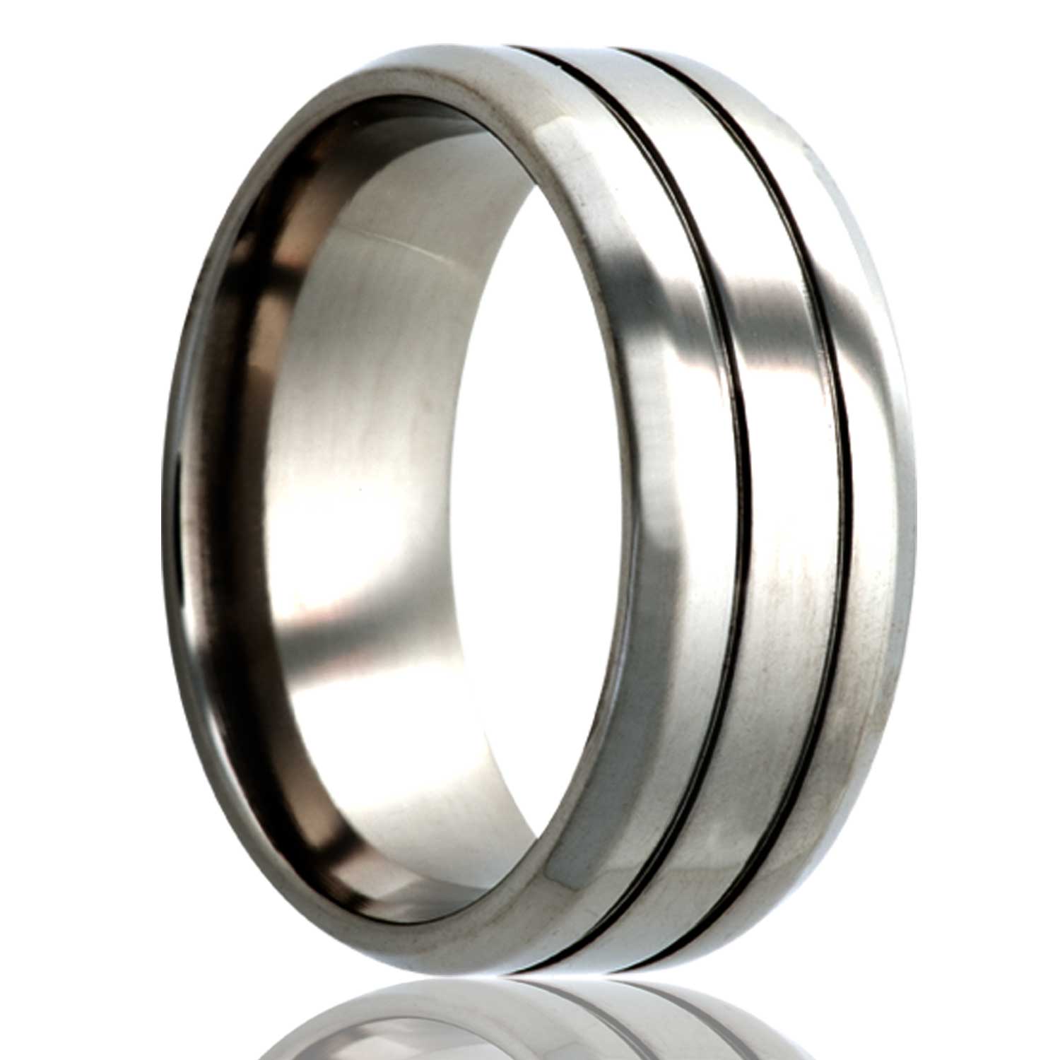 A grooved titanium wedding band with beveled edges displayed on a neutral white background.