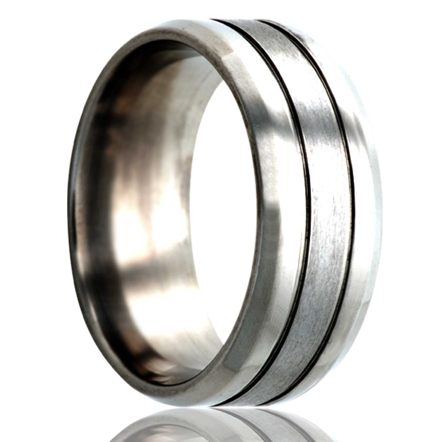 A satin finish grooved titanium wedding band with beveled edges displayed on a neutral white background.