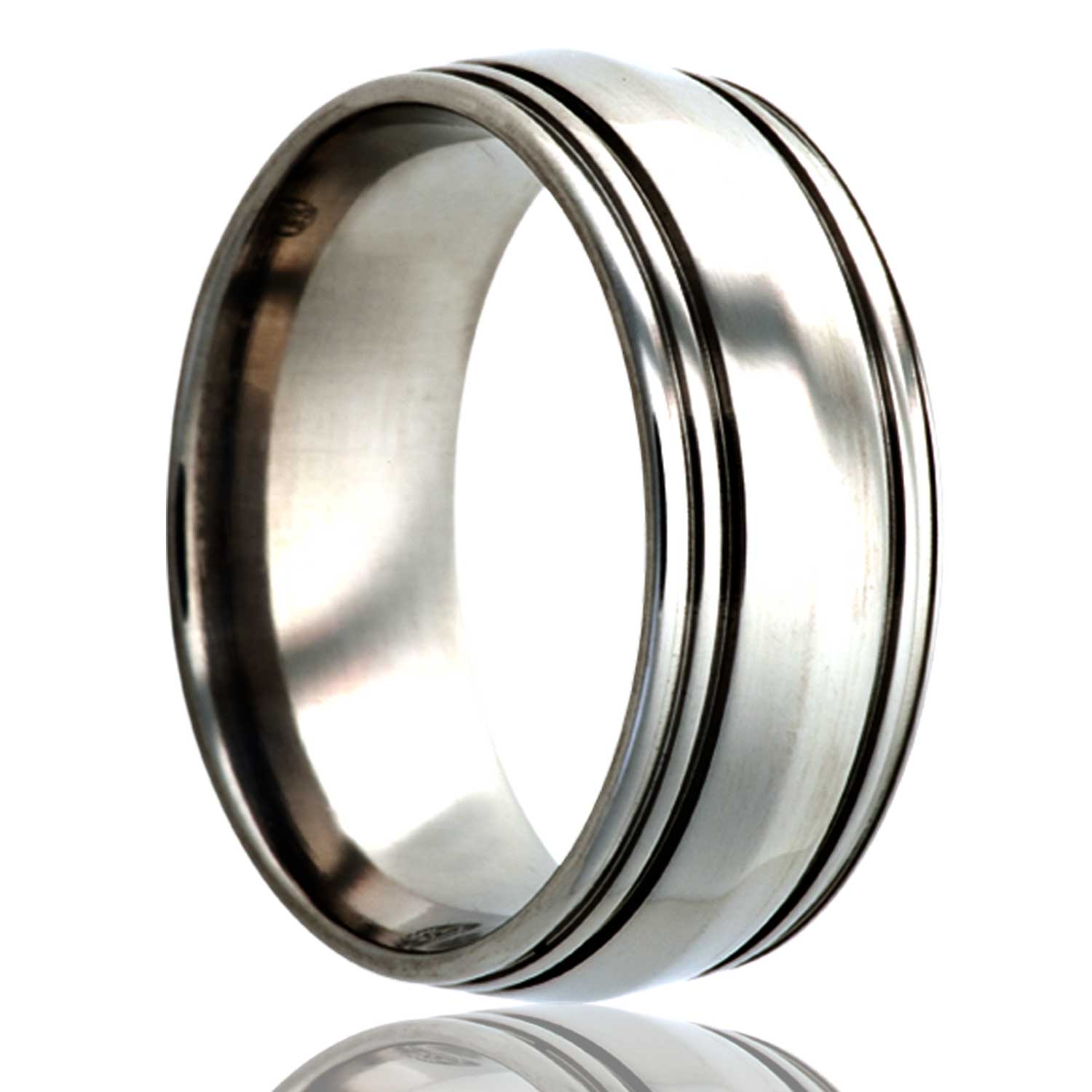 A grooved titanium wedding band displayed on a neutral white background.