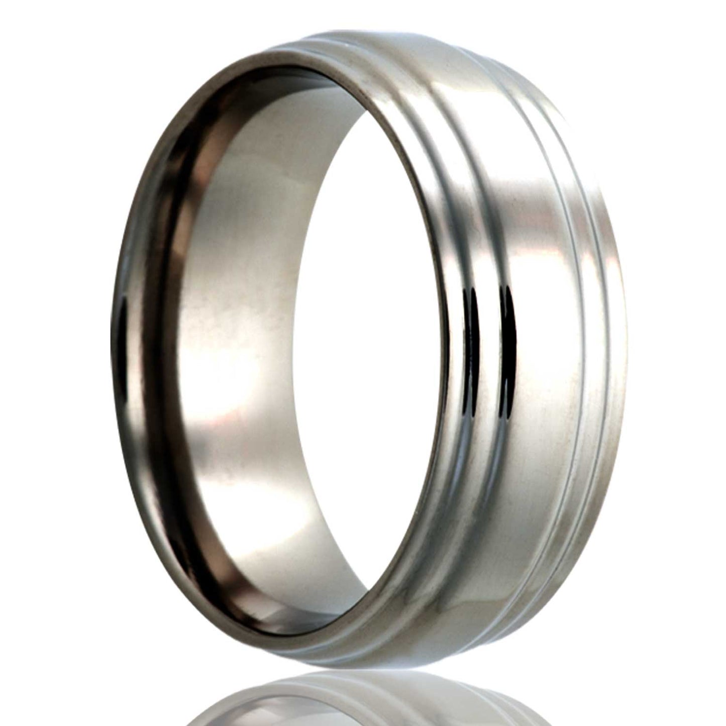 A titanium wedding band with stair steps edges displayed on a neutral white background.