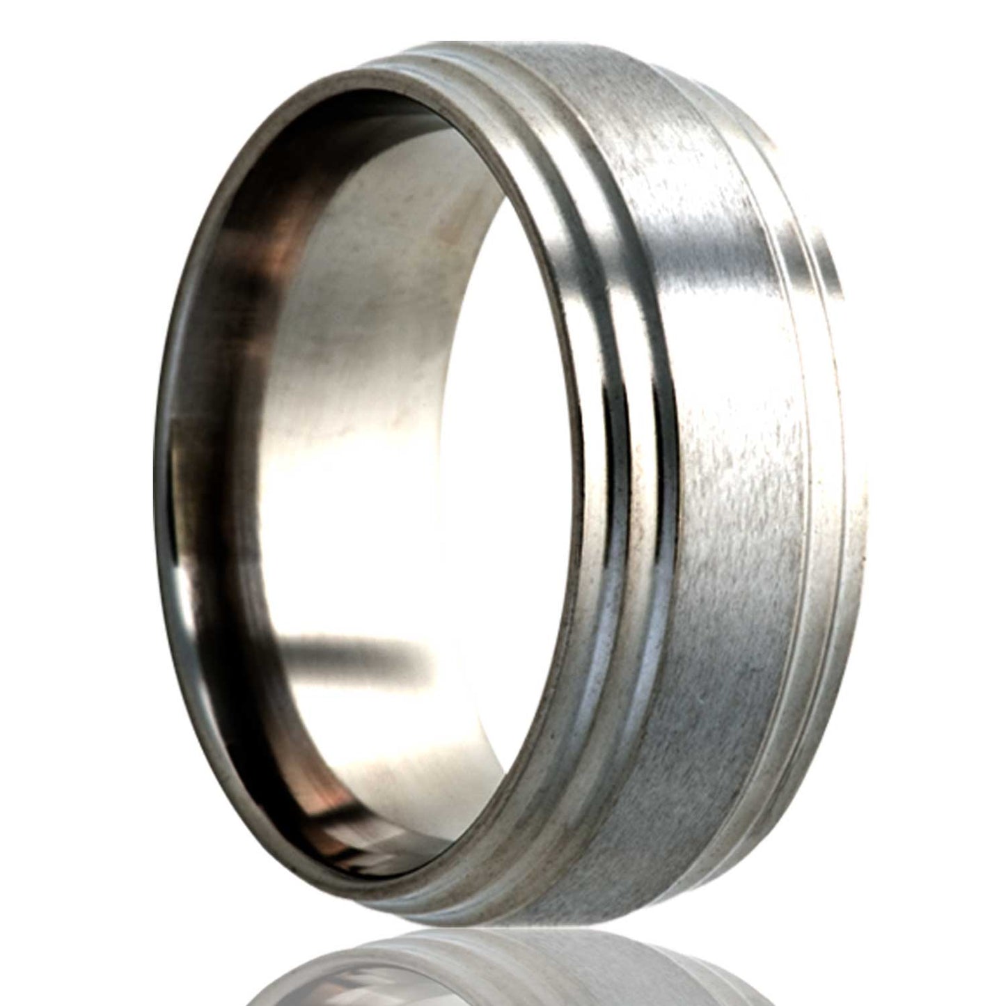 A satin finish titanium wedding band with polished stair steps edges displayed on a neutral white background.
