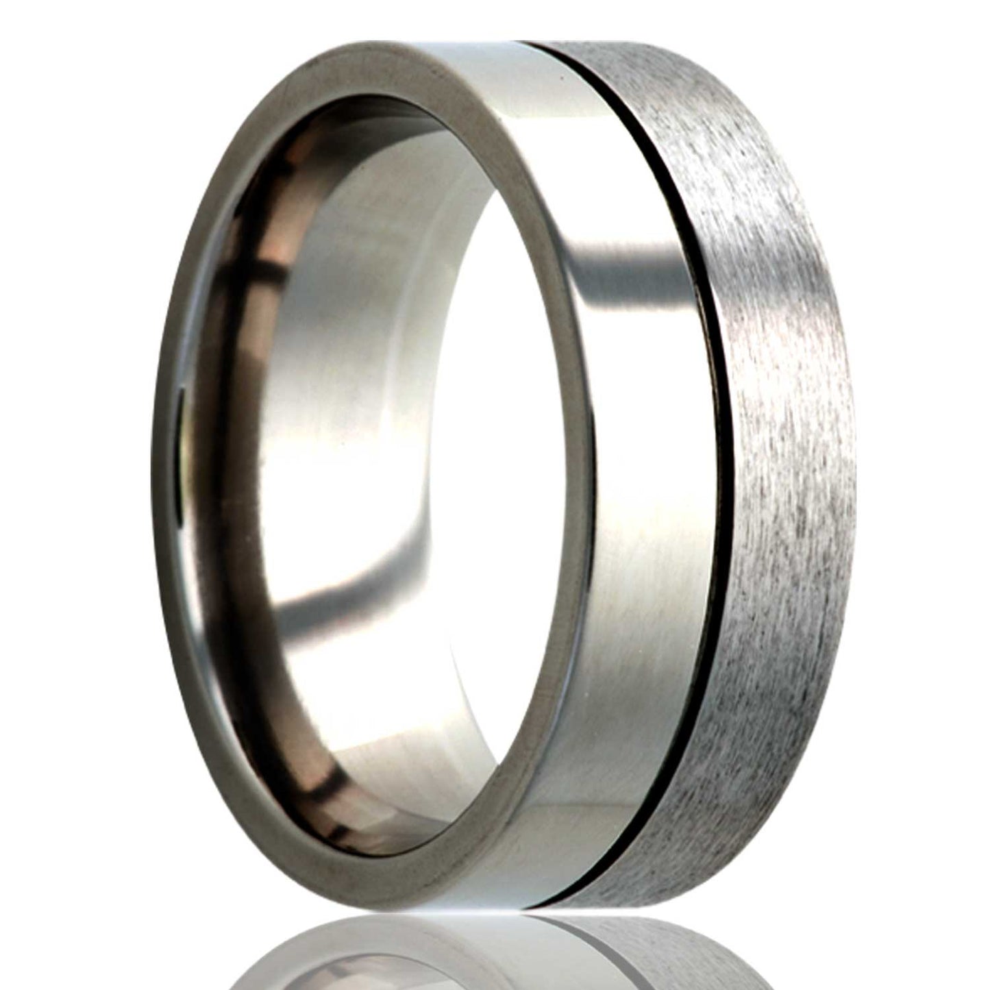A satin finish grooved titanium wedding band with satin finish & polished finishes displayed on a neutral white background.
