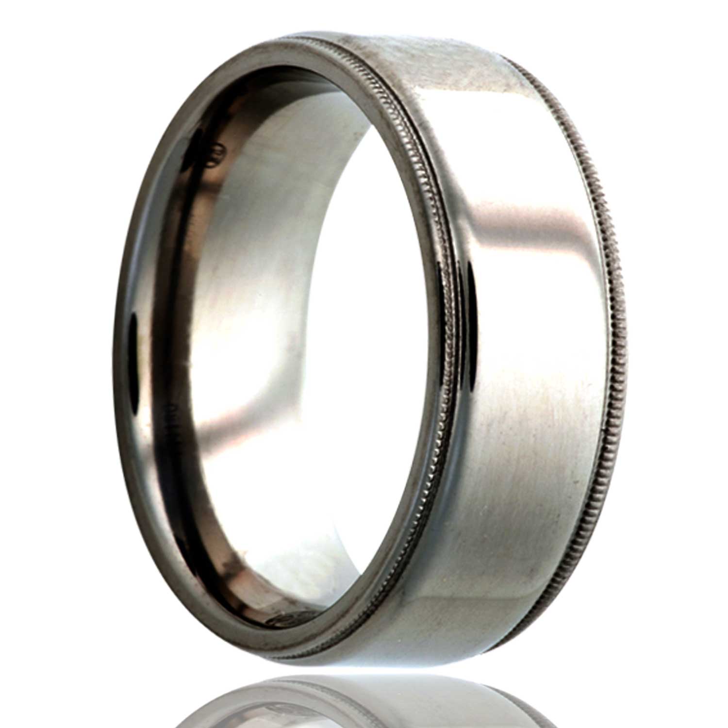 A titanium wedding band with stepped edges displayed on a neutral white background.