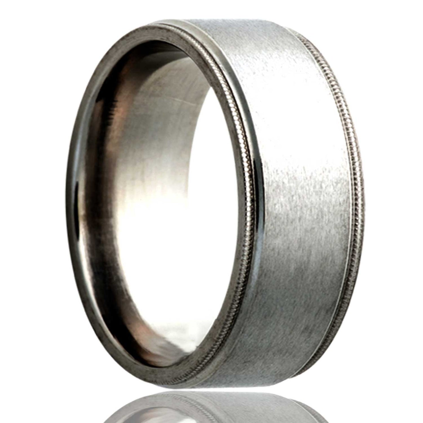 A satin finish titanium wedding band with thin stepped edges displayed on a neutral white background.