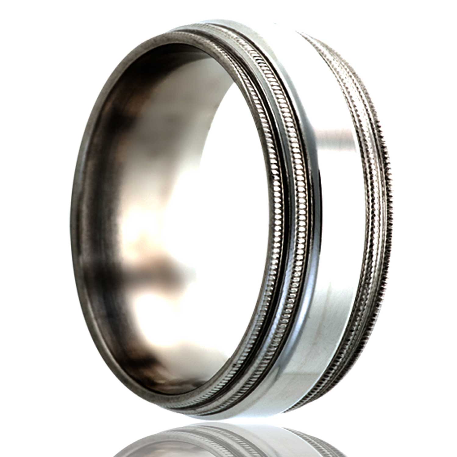 A titanium wedding band with multi stepped edges displayed on a neutral white background.
