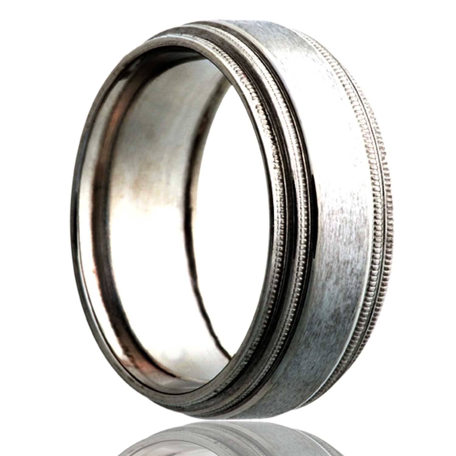 A satin finish titanium wedding band with stair steps edges displayed on a neutral white background.