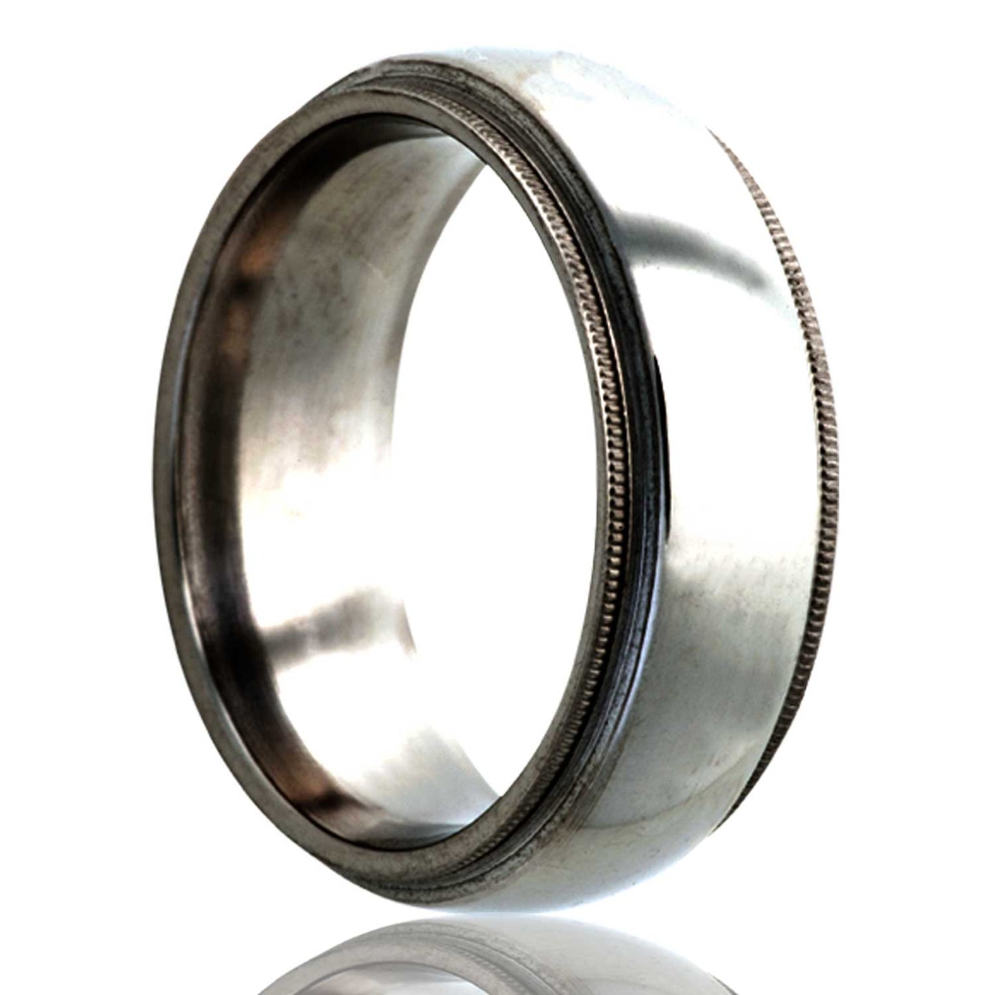 A domed titanium wedding band with milgrain stepped edges displayed on a neutral white background.