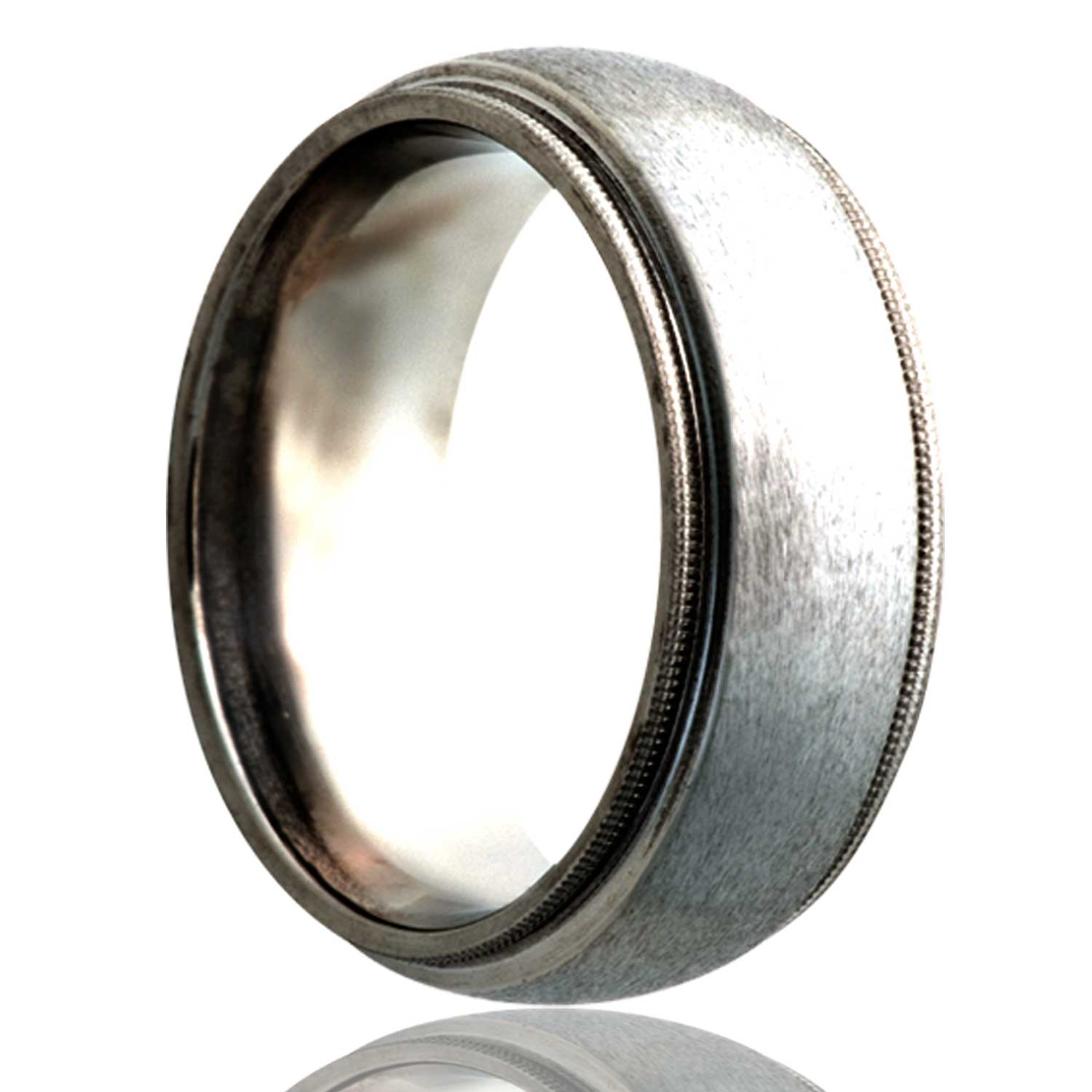 A domed satin finish titanium wedding band with stepped edges displayed on a neutral white background.