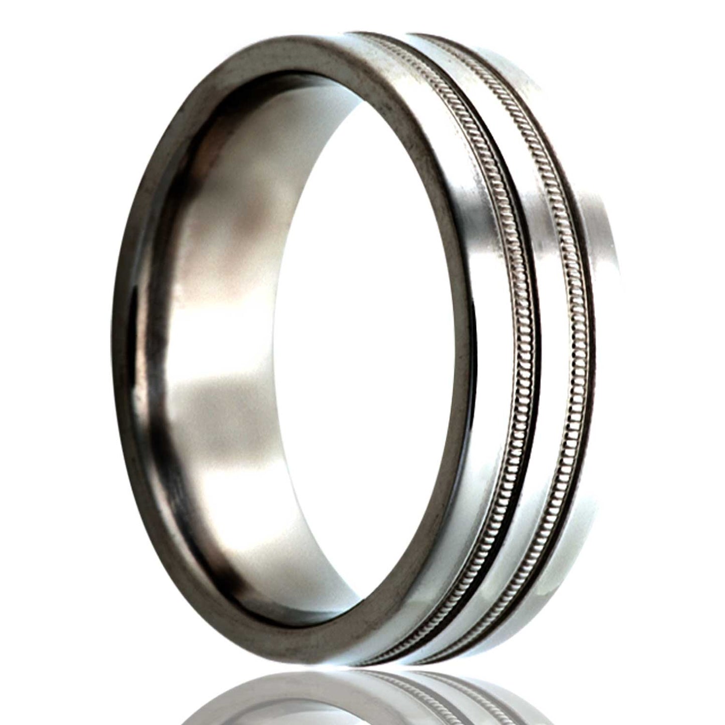 A titanium wedding band with dual grooves displayed on a neutral white background.