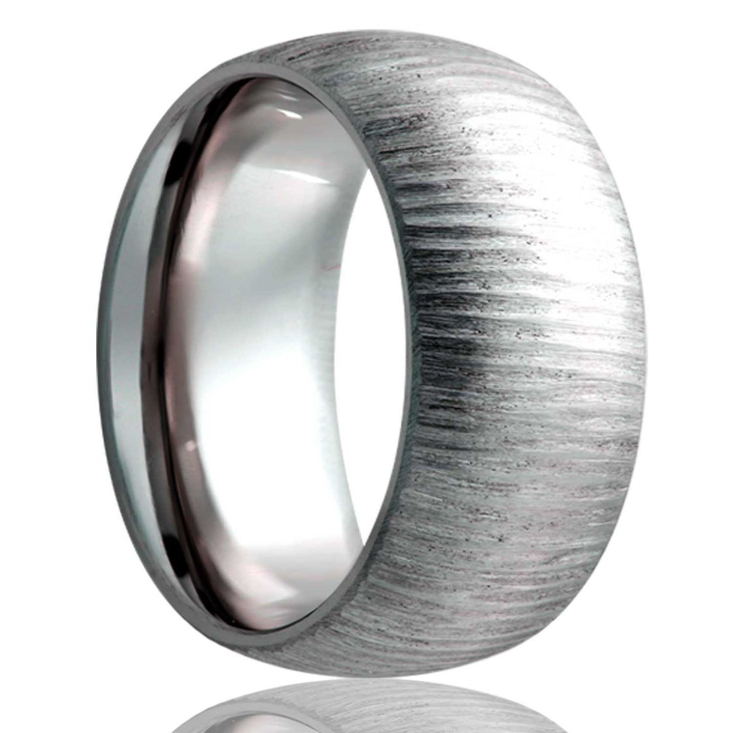 A treebark domed titanium wedding band displayed on a neutral white background.