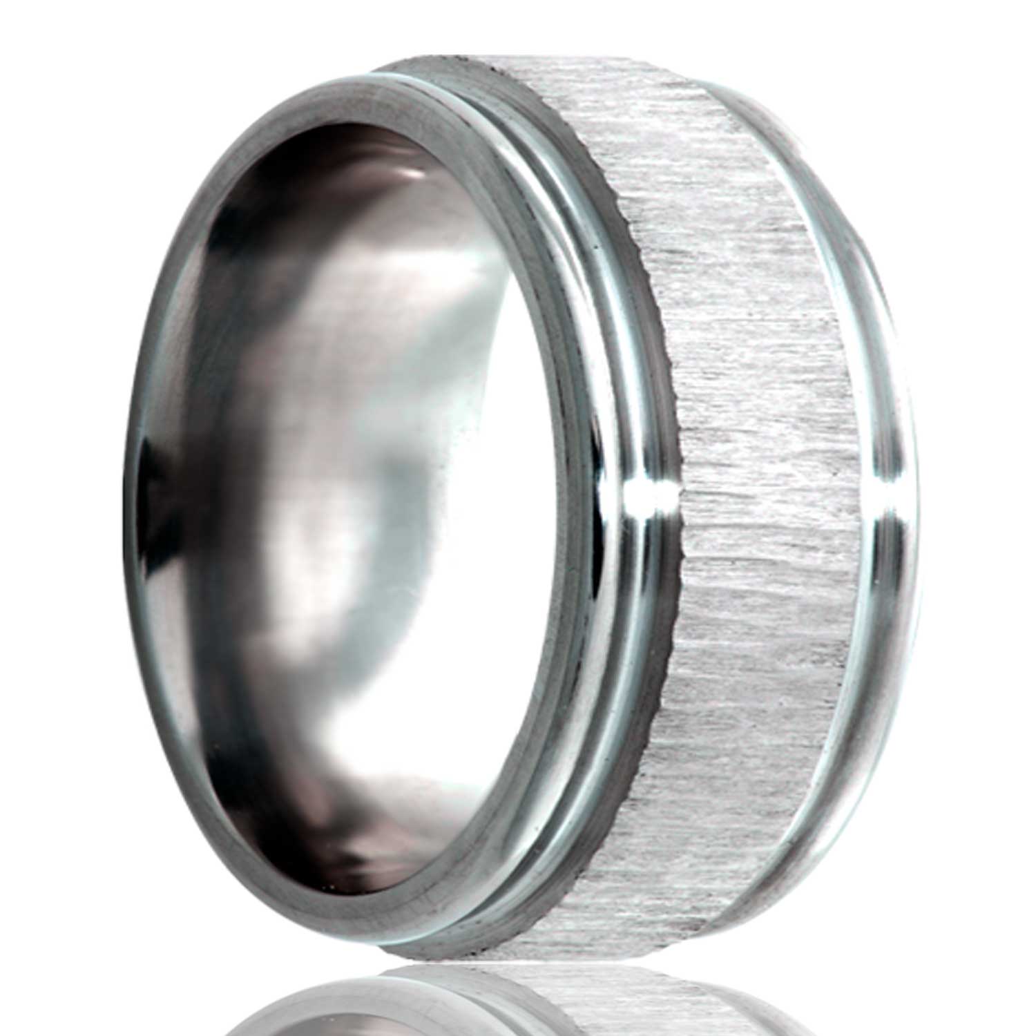 A treebark grooved titanium wedding band with stepped edges displayed on a neutral white background.